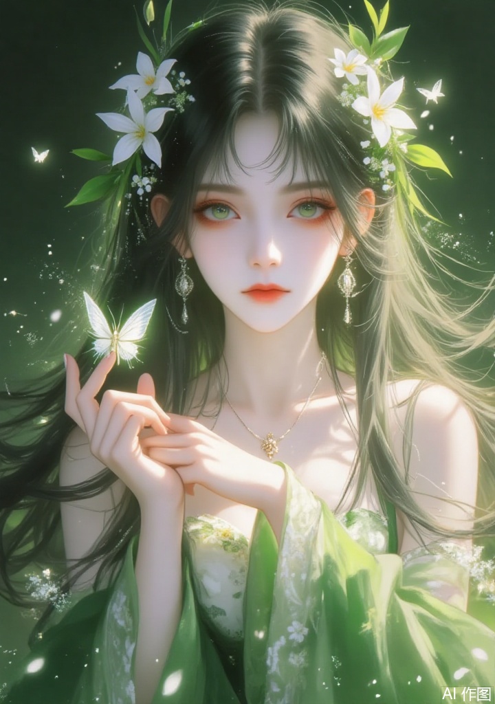 This is a highly detailed, digital illustration depicting a young woman with long, flowing dark hair adorned with white flowers and green leaves. She is dressed in a green, flowing robe with delicate, sheer sleeves and a translucent fabric that allows glimpses of her pale, smooth skin. Her facial features are delicate and serene, with large, expressive green eyes, high cheekbones, and full, red lips. She is holding a delicate, white butterfly in her left hand, which is gently caressing the insect, as if in a moment of contemplation or enchantment. The background is a deep, dark green, creating a mystical, ethereal atmosphere. Small, glowing particles and scattered light effects enhance the magical ambiance, with tiny white butterflies and flower petals floating around her. The overall color palette is dominated by greens and whites, with subtle hints of gold and silver. The texture of her hair and clothing is soft and flowing, blending seamlessly with the surrounding environment, which appears to be a forest or garden. The artwork captures a sense of tranquility and wonder, evoking a fairytale-like atmosphere.