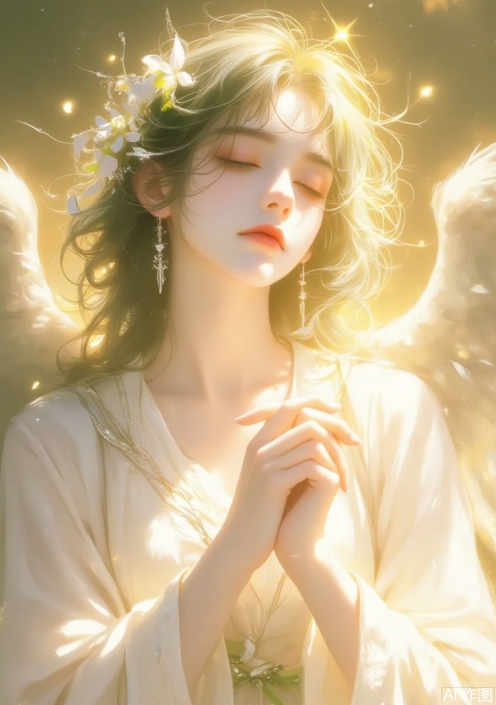 Softly lit angel with gentle features and delicate wings, set against a warm, golden background. The angel's face is tilted upwards, eyes closed in peaceful contemplation, as rays of light emanate from her hands to illuminate the surrounding air. Brushstrokes are bold yet subtle, blending colors to create a sense of serenity.