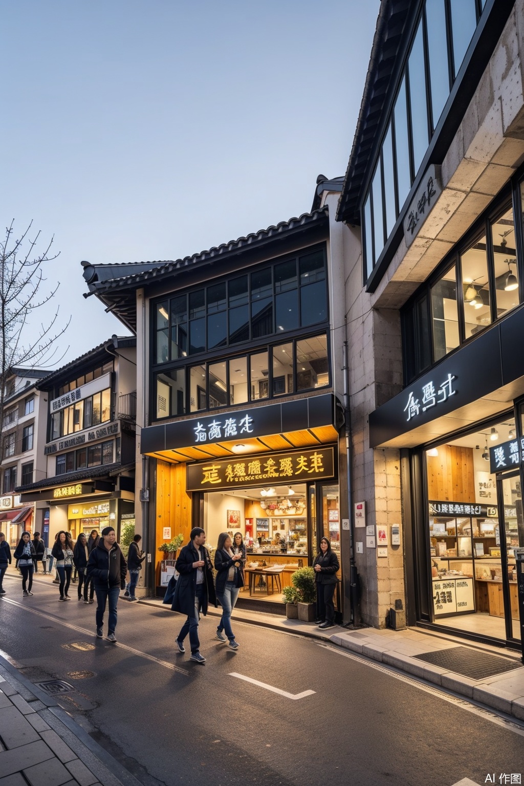 landscapejam,zssyjyj,In a street night scene photo of an Asian city, a bare tree trunk is in the foreground, with a black and white building behind it. This building features traditional Chinese architectural elements, with a tiled roof and ornate details. A person wearing a long coat is walking on the walkway, with their back to the camera. A large billboard with Chinese characters and images is mounted on a pole in front of the building.