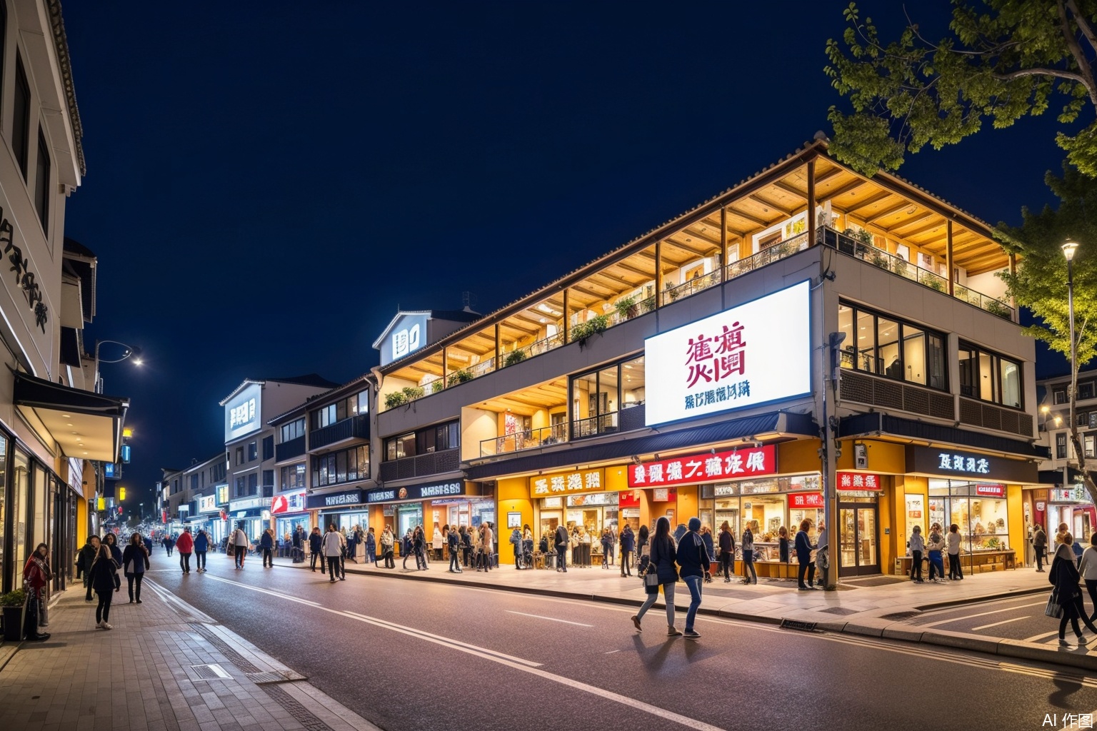 landscapejam,zssyjyj,In a street night scene photo of an Asian city, a bare tree trunk is in the foreground, with a black and white building behind it. This building features traditional Chinese architectural elements, with a tiled roof and ornate details. A person wearing a long coat is walking on the walkway, with their back to the camera. A large billboard with Chinese characters and images is mounted on a pole in front of the building.
