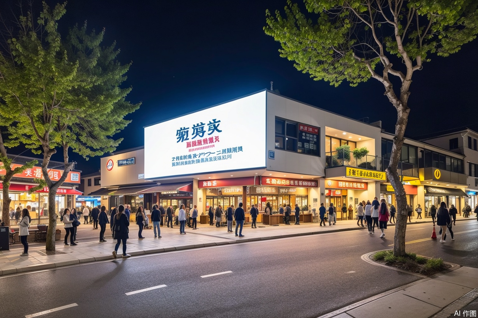 landscapejam,zssyjyj,In a street night scene photo of an Asian city, a bare tree trunk is in the foreground, with a black and white building behind it. This building features traditional Chinese architectural elements, with a tiled roof and ornate details. A person wearing a long coat is walking on the walkway, with their back to the camera. A large billboard with Chinese characters and images is mounted on a pole in front of the building.