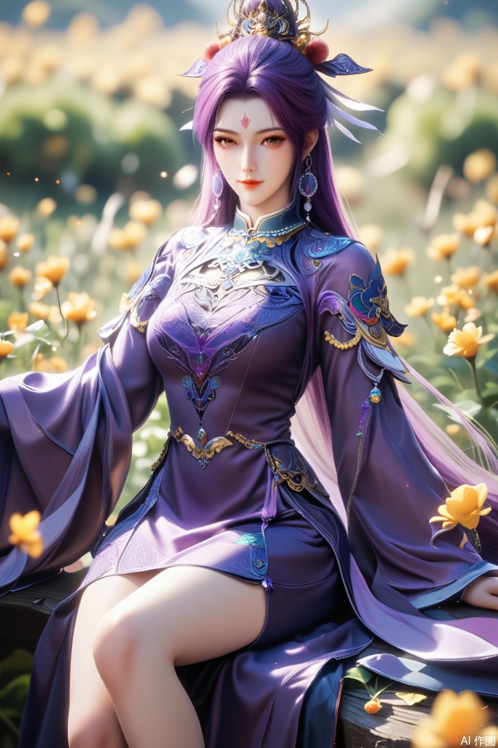 score_9,score_8_up,1girl, solo, long hair, looking at viewer, hair ornament, long sleeves, dress, jewelry, sitting, purple hair, earrings, clothing cutout, bare legs, facial mark, chinese clothes, purple dress, forehead mark,upper body,looking at viewer,in a meadow,in a meadow,
