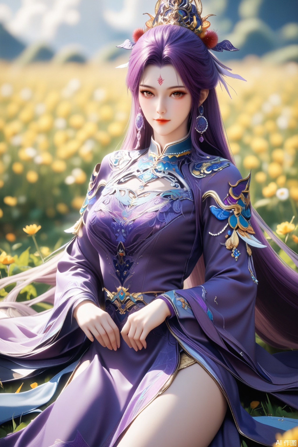 score_9,score_8_up,1girl, solo, long hair, looking at viewer, hair ornament, long sleeves, dress, jewelry, sitting, purple hair, earrings, clothing cutout, bare legs, facial mark, chinese clothes, purple dress, forehead mark,upper body,looking at viewer,in a meadow,in a meadow,