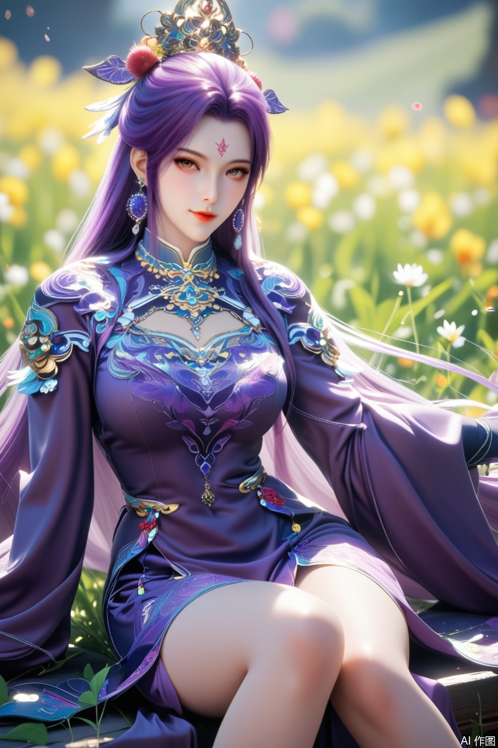 score_9,score_8_up,1girl, solo, long hair, looking at viewer, hair ornament, long sleeves, dress, jewelry, sitting, purple hair, earrings, clothing cutout, bare legs, facial mark, chinese clothes, purple dress, forehead mark,upper body,looking at viewer,in a meadow,in a meadow,
