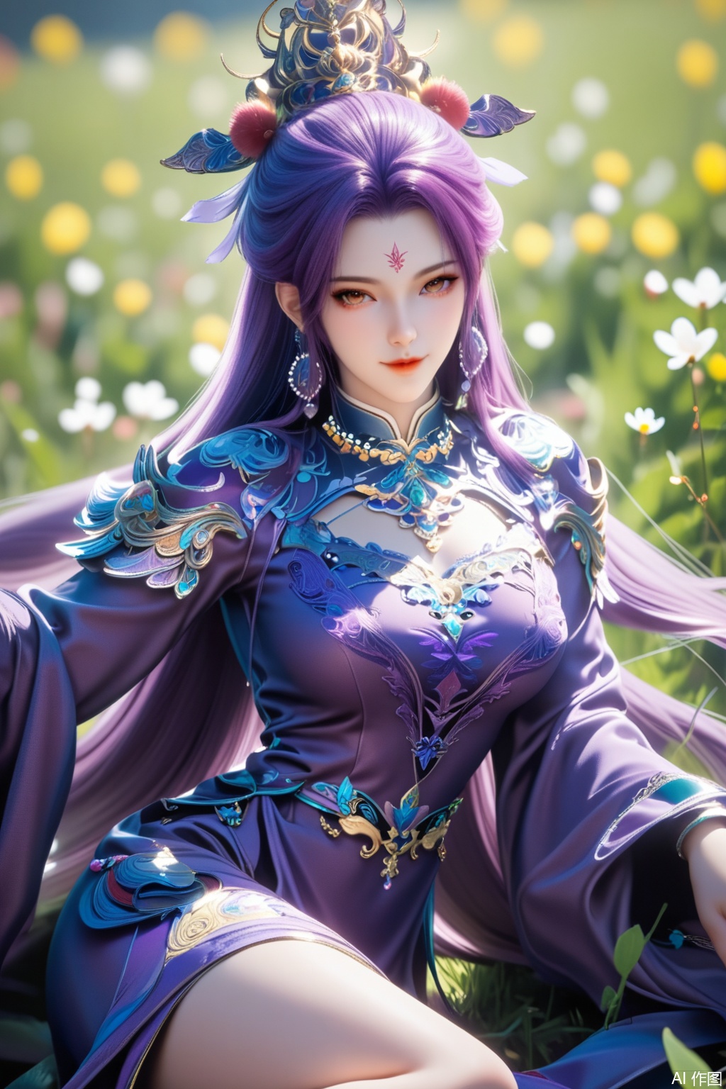 score_9,score_8_up,1girl, solo, long hair, looking at viewer, hair ornament, long sleeves, dress, jewelry, sitting, purple hair, earrings, clothing cutout, bare legs, facial mark, chinese clothes, purple dress, forehead mark,upper body,looking at viewer,in a meadow,in a meadow,