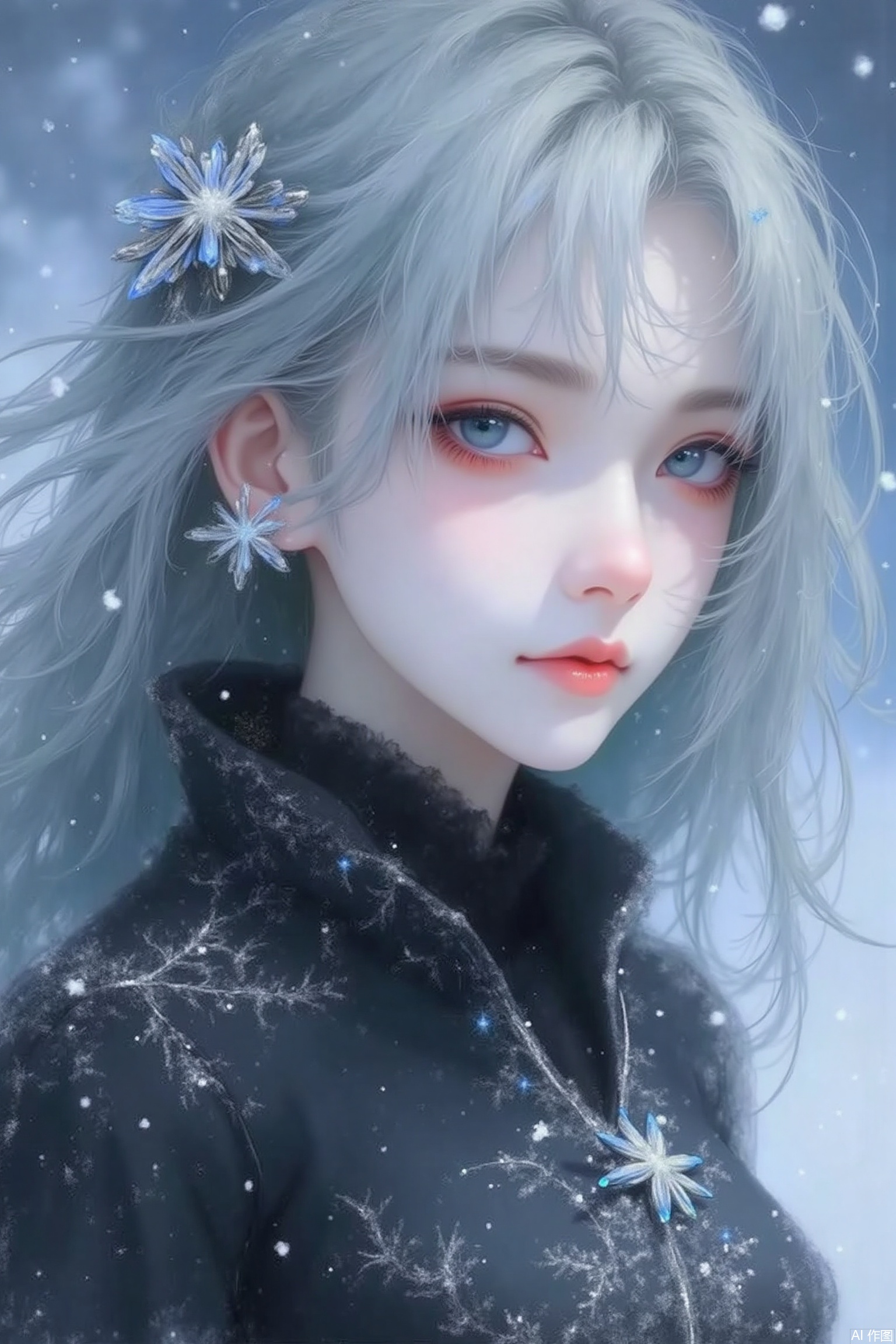 This is a highly detailed, digital artwork depicting a young woman with a delicate and ethereal appearance. She has long, silvery-white hair that cascades down her back, adorned with intricate, sparkling accessories that resemble ice crystals or frost. Her facial features are finely sculpted, with large, expressive eyes that have a subtle, otherworldly glow, and full, red lips. Her skin is pale and smooth, giving her a ghostly, almost angelic quality.

She is dressed in a black, high-collared garment that is intricately embroidered with silver thread, creating a shimmering effect that contrasts with the dark fabric. The texture of the fabric appears both silky and slightly translucent, enhancing the overall ethereal quality of the image.

The background is a blurred, out-of-focus area that suggests a winter or icy environment, with hints of snow and ice crystals. The light source appears to be soft and diffused, casting a soft glow on her face and hair, enhancing the mystical atmosphere of the scene.

Overall, the image combines elements of fantasy and realism, with a focus on the intricate details and textures, creating a hauntingly beautiful and surreal visual experience.