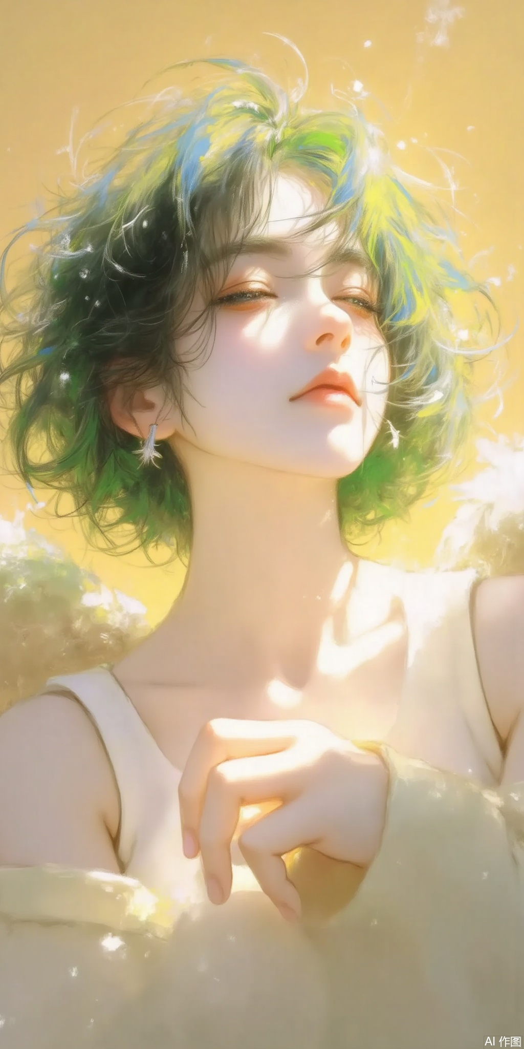 Softly lit angel with gentle features and delicate wings, set against a warm, golden background. The angel's face is tilted upwards, eyes closed in peaceful contemplation, as rays of light emanate from her hands to illuminate the surrounding air. Brushstrokes are bold yet subtle, blending colors to create a sense of serenity.