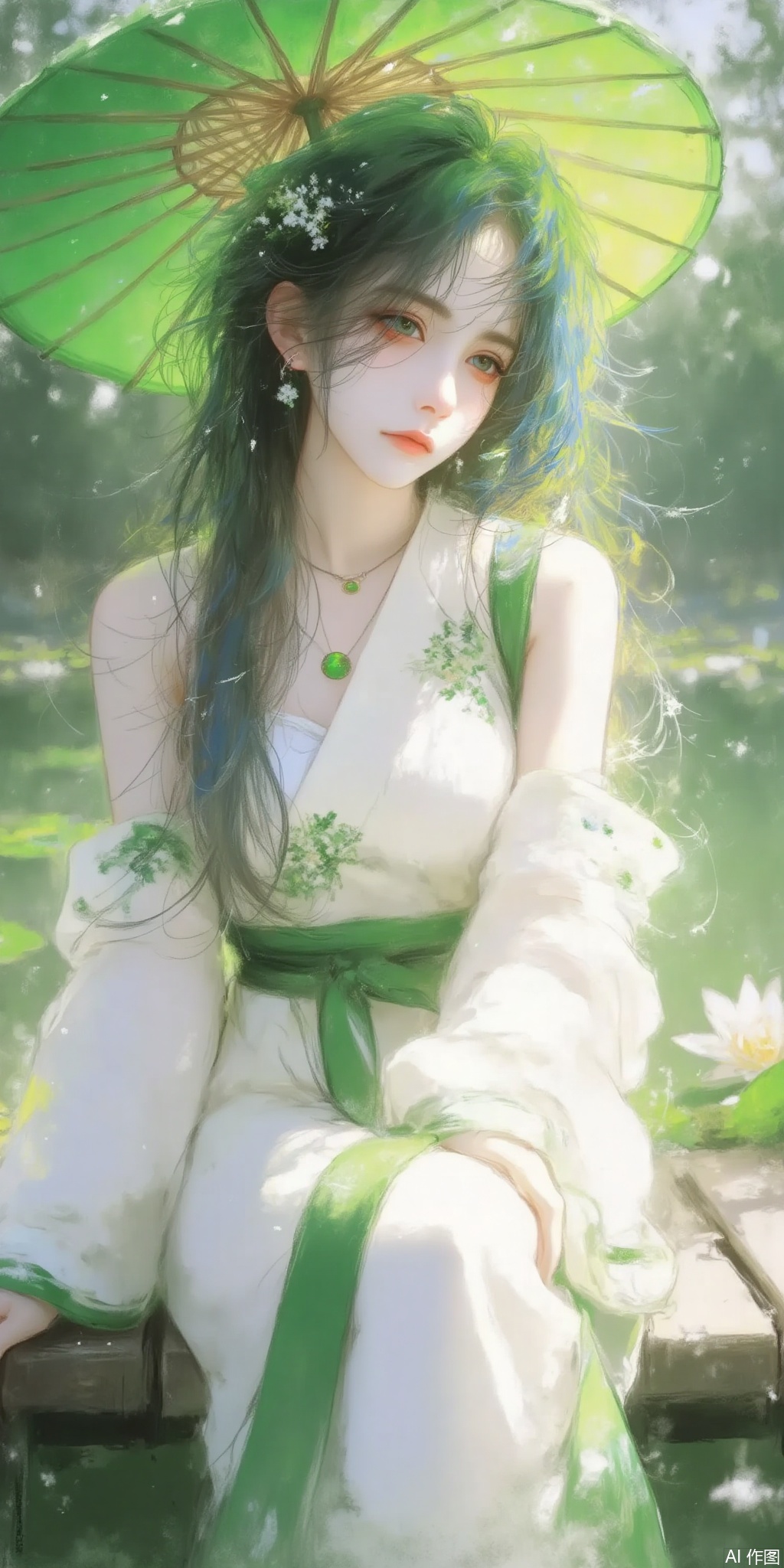 This image is a digital illustration in the style of traditional Chinese painting, showcasing a serene scene set in a lush, green pond. The central figure is a young woman with long, straight, jet-black hair adorned with delicate floral accessories. She is sitting on a wooden dock, surrounded by lily pads and water lilies. Her attire is a flowing, white silk dress with intricate green embroidery, featuring a wide, green sash tied at the waist. The dress has long, flowing sleeves that cascade gracefully around her, and she holds a large, green parasol above her head, providing shade from the bright sunlight that filters through the leaves.

Her makeup is subtle, with a pale complexion and soft, pink lips. She has large, expressive eyes, which are a deep, rich brown, and she gazes gently into the distance. Her accessories include a delicate, green headband with small, white flowers, and a matching necklace with a central, green pendant. The background is a mix of greenery, with sunlight filtering through the leaves, casting a soft, golden glow over the scene. The overall mood is peaceful and ethereal, capturing a moment of tranquility and beauty.