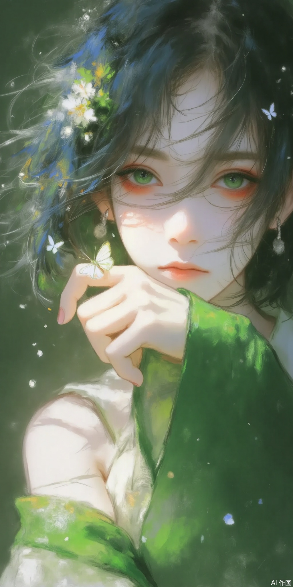 This is a highly detailed, digital illustration depicting a young woman with long, flowing dark hair adorned with white flowers and green leaves. She is dressed in a green, flowing robe with delicate, sheer sleeves and a translucent fabric that allows glimpses of her pale, smooth skin. Her facial features are delicate and serene, with large, expressive green eyes, high cheekbones, and full, red lips. She is holding a delicate, white butterfly in her left hand, which is gently caressing the insect, as if in a moment of contemplation or enchantment. The background is a deep, dark green, creating a mystical, ethereal atmosphere. Small, glowing particles and scattered light effects enhance the magical ambiance, with tiny white butterflies and flower petals floating around her. The overall color palette is dominated by greens and whites, with subtle hints of gold and silver. The texture of her hair and clothing is soft and flowing, blending seamlessly with the surrounding environment, which appears to be a forest or garden. The artwork captures a sense of tranquility and wonder, evoking a fairytale-like atmosphere.