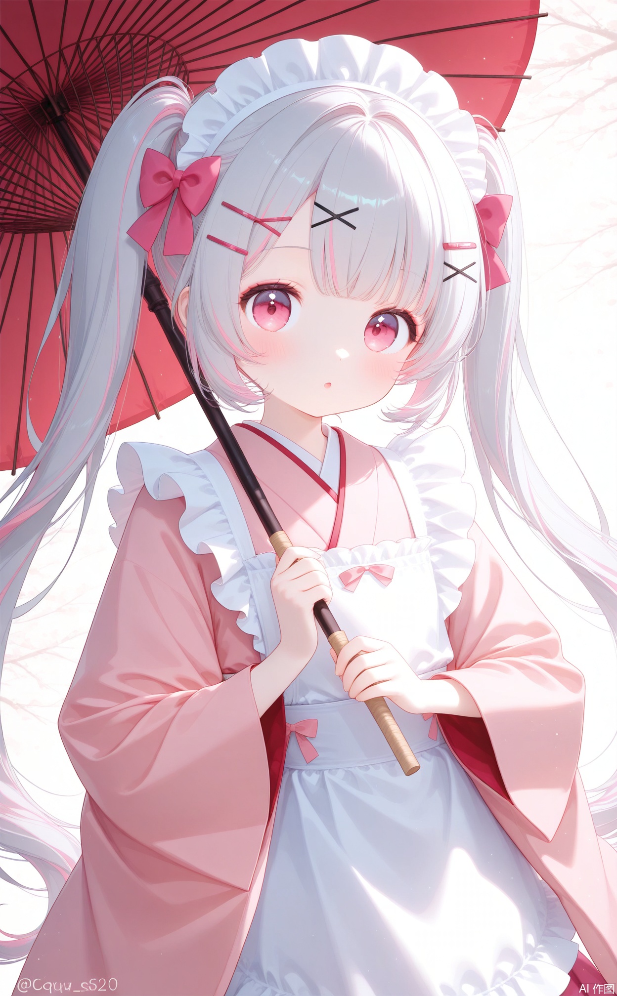 1girl, solo, long hair, looking at viewer, blush, bangs, hair ornament, long sleeves, bow, holding, twintails, very long hair, pink hair, hair bow, grey hair, multicolored hair, frills, parted lips, japanese clothes, hairclip, wide sleeves, pink eyes, kimono, twitter username, :o, apron, streaked hair, umbrella, x hair ornament, pink bow, white apron, frilled apron, holding umbrella, oil-paper umbrella, pink kimono,female child,cxqsxhd