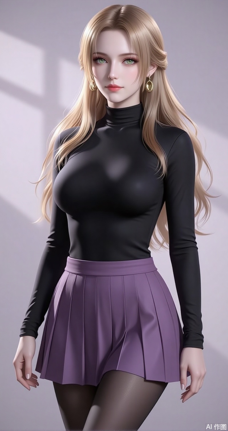baoshi,lvjing,zhennite,zhanyi,blonde hair,long hair,green eyes,fair_skin,jewelry,earrings,dress,turtleneck,
1girl,breasts,skirt,solo,pantyhose,large breasts,purple skirt,covered navel,long sleeves,taut clothes,miniskirt,pleated skirt,turtleneck,black shirt,shirt,black pantyhose,taut shirt,64, cover,simple background,gradient background,close-up details,outstanding style,adding a touch of dimension to your images without compromising details,close-up
