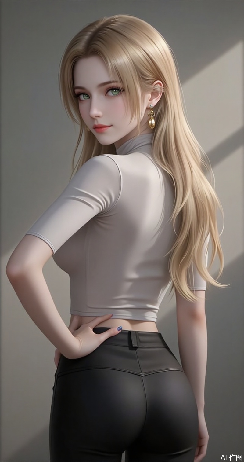 baoshi,lvjing,zhennite,zhanyi,blonde hair,long hair,green eyes,fair_skin,jewelry,earrings,dress,turtleneck,
1girl,solo,ass,pants,jewelry,earrings,looking back,realistic,looking at viewer,lips,hand on own hip,from behind,nail polish,tight pants,black pants,smile,breasts,8,cover,gradient background,close-up details,outstanding style,adding a touch of dimension to your images without compromising details,close-up