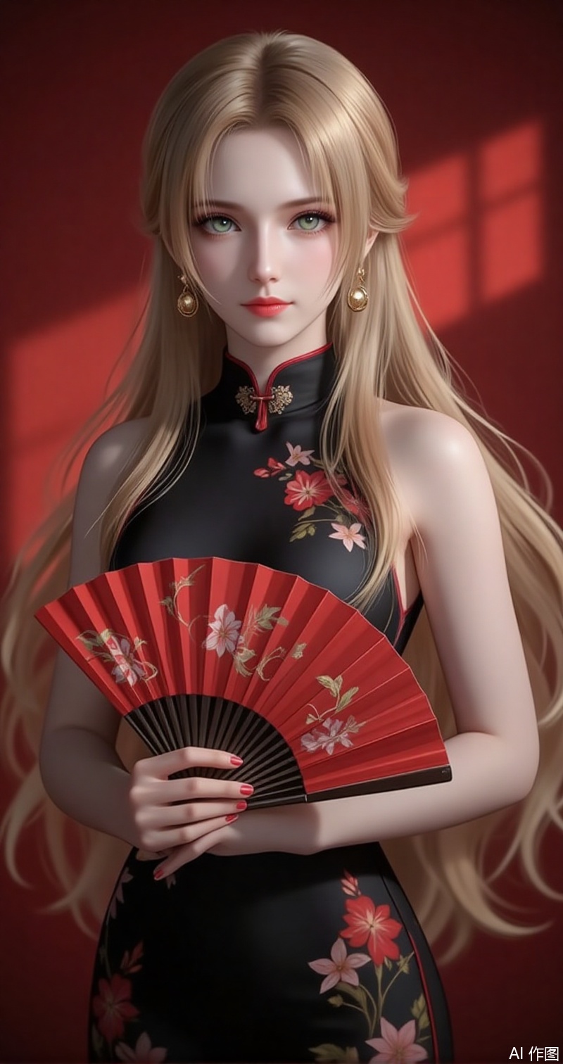 baoshi,lvjing,zhennite,zhanyi,blonde hair,long hair,green eyes,fair_skin,jewelry,earrings,dress,turtleneck,
1girl,dress,hand fan,holding,solo,earrings,jewelry,chinese clothes,china dress,black dress,holding fan,floral print,blurry,sleeveless,looking at viewer,sleeveless dress,red background,folding fan,standing,head tilt,2,cover,simple background,gradient background,close-up details,outstanding style,adding a touch of dimension to your images without compromising details,close_up