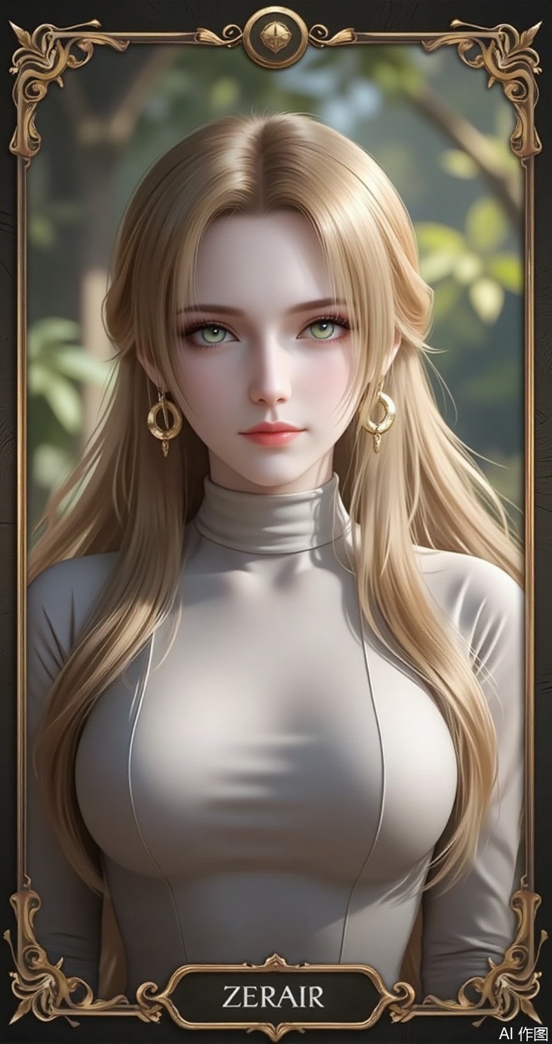 baoshi,lvjing,zhennite,zhanyi,blonde hair,long hair,green eyes,fair_skin,jewelry,earrings,shirt,turtleneck,
1girl,solo,earrings,jewelry,looking at viewer,breasts,tarot,collarbone,upper body,dress,closed mouth,card \(medium\),tarot \(medium\),frills,border,cover,gradient background,close-up details,outstanding style,adding a touch of dimension to your images without compromising details,close-up