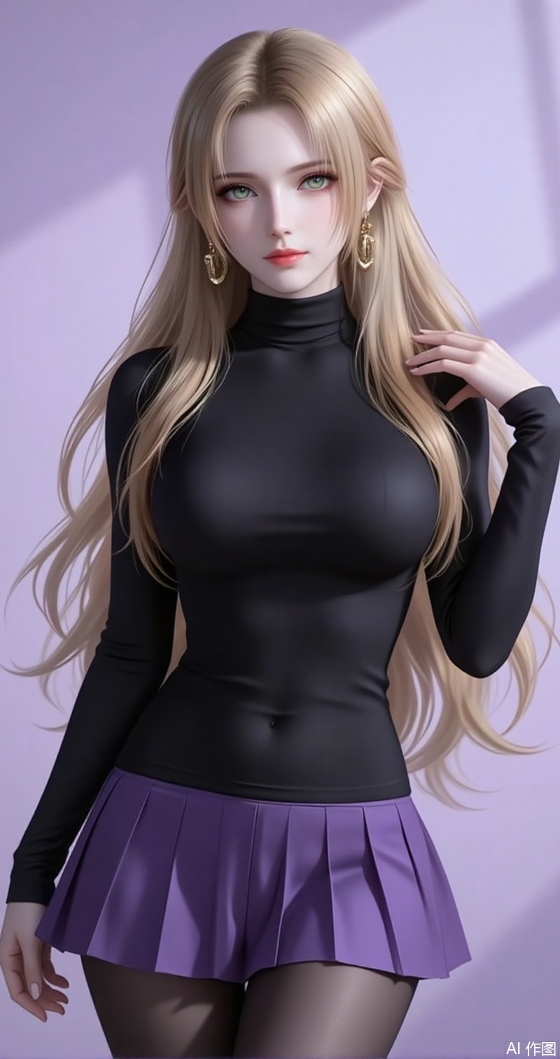 baoshi,lvjing,zhennite,zhanyi,blonde hair,long hair,green eyes,fair_skin,jewelry,earrings,dress,turtleneck,
1girl,breasts,skirt,solo,pantyhose,large breasts,purple skirt,covered navel,long sleeves,taut clothes,miniskirt,pleated skirt,turtleneck,black shirt,shirt,black pantyhose,taut shirt,64, cover,simple background,gradient background,close-up details,outstanding style,adding a touch of dimension to your images without compromising details,close-up