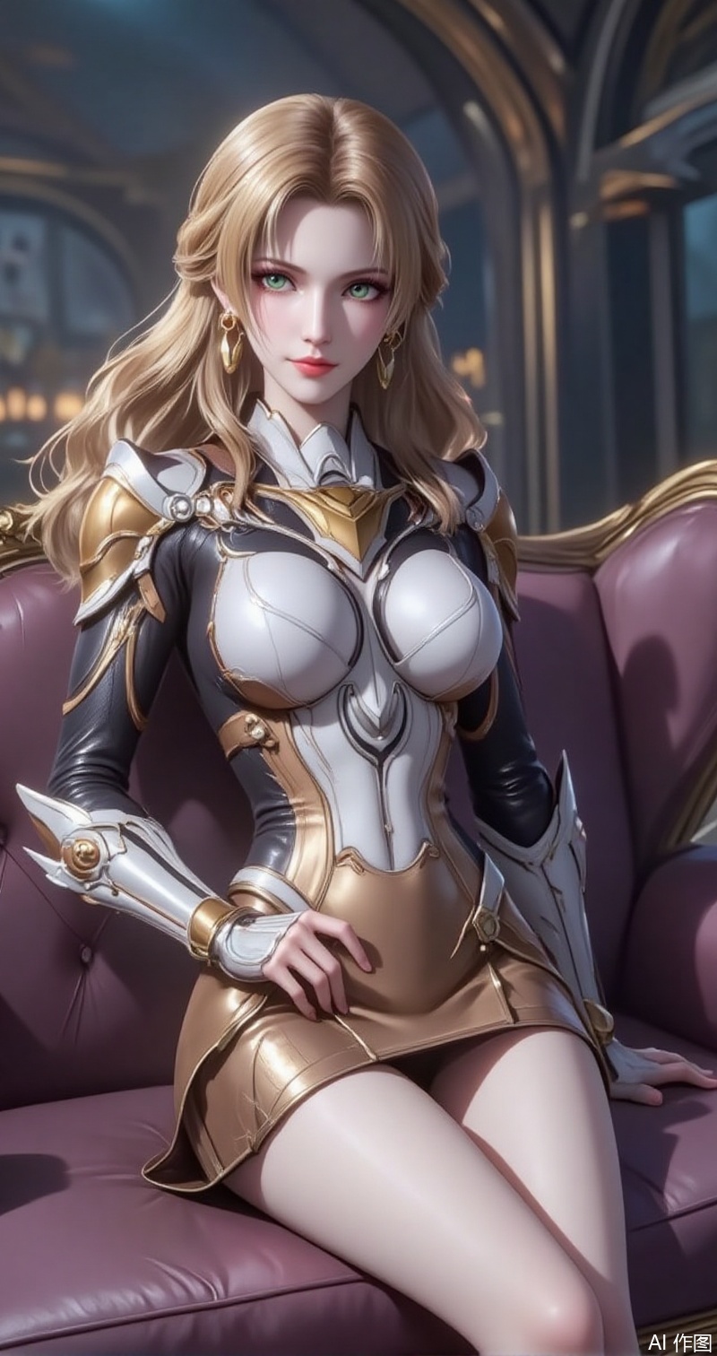 baoshi,lvjing,zhennite,zhanyi,blonde hair,long hair,green eyes,fair_skin,jewelry,earrings,
1girl, armor, solo, breasts, large breasts, shoulder armor, gauntlets, lying, couch, on back, skirt, pauldrons,6,cover,simple background,gradient background,close-up details,outstanding style,adding a touch of dimension to your images without compromising details,close-up,