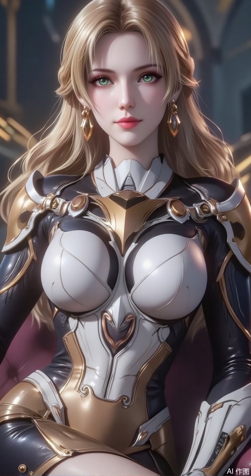 baoshi,lvjing,zhennite,zhanyi,blonde hair,long hair,green eyes,fair_skin,jewelry,earrings,
1girl, armor, solo, breasts, large breasts, shoulder armor, gauntlets, lying, couch, on back, skirt, pauldrons,6,cover,simple background,gradient background,close-up details,outstanding style,adding a touch of dimension to your images without compromising details,close-up,