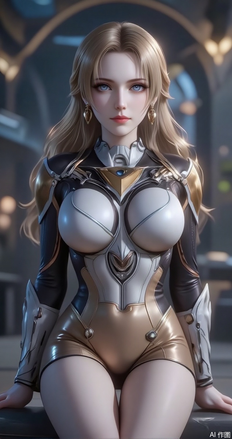 nvdi,lvjing,lvjing,dahe,zhanyi,baoshi,zhennite,
blonde hair,long hair,blue eyes,fair_skin,jewelry,earrings,
1girl, solo, breasts, sitting, armor, blurry, large breasts, thighs, blurry background, skin tight, bodysuit, bare legs, short dress,2