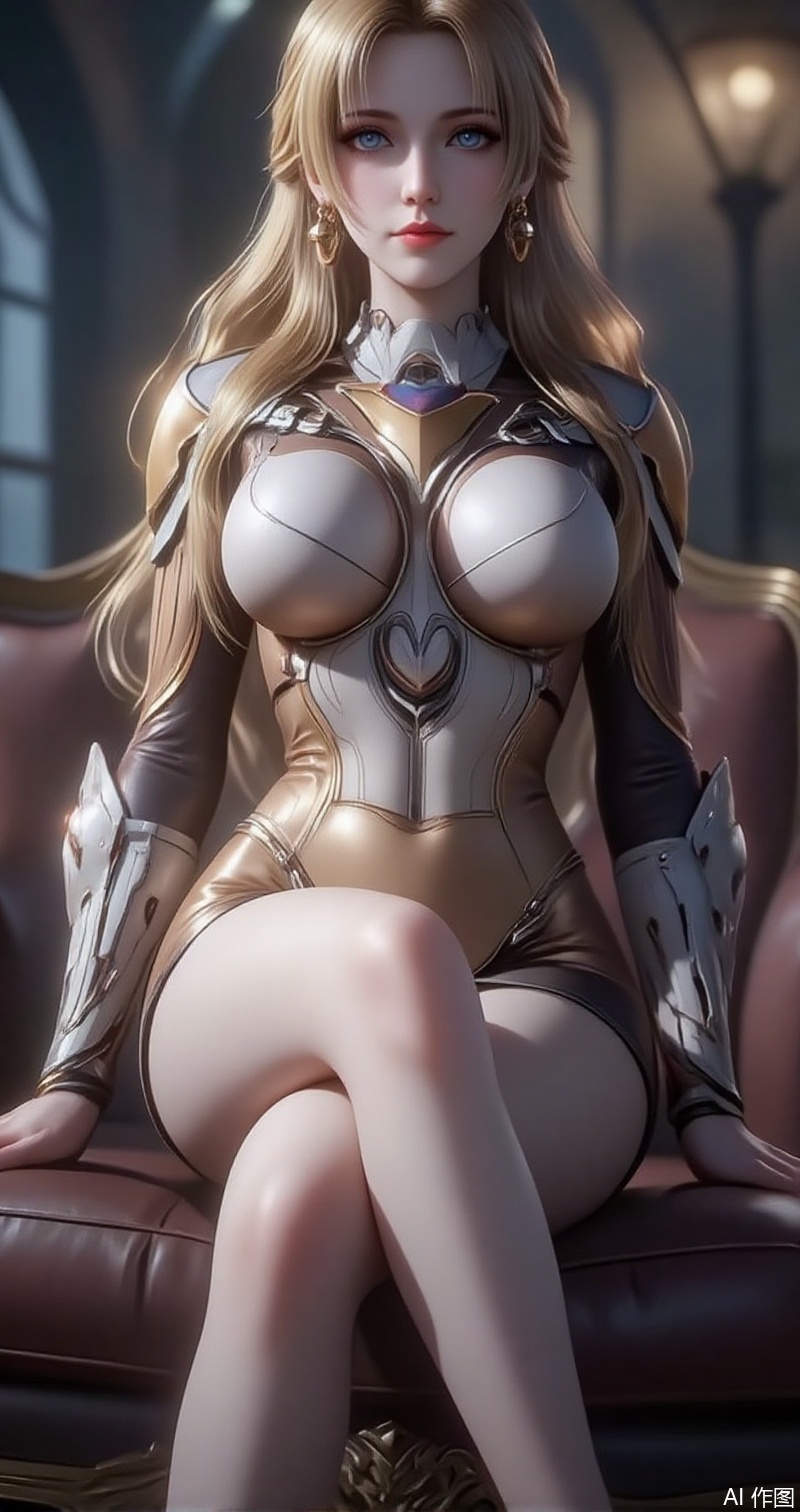 nvdi,lvjing,lvjing,dahe,zhanyi,baoshi,zhennite,
blonde hair,long hair,blue eyes,fair_skin,jewelry,earrings,
1girl, solo, breasts, sitting, armor, blurry, large breasts, thighs, blurry background, skin tight, bodysuit, bare legs,full body, short dress,couch,crossed_legs,high_heels