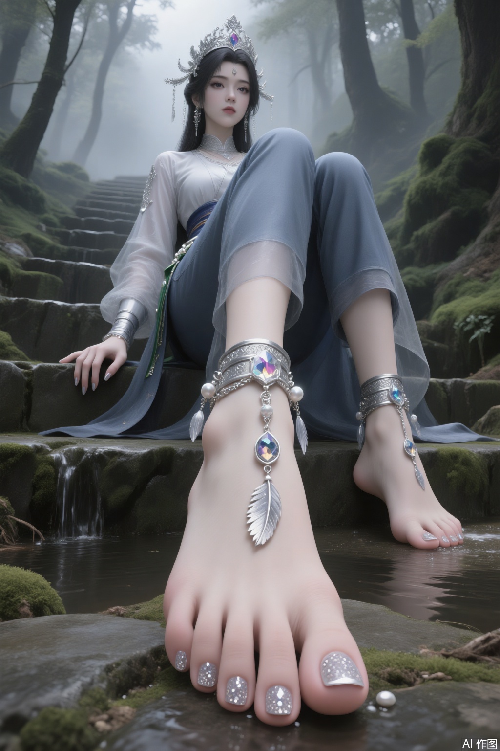 Main Character
 
- Appearance: "Long, jet - black and shiny hair, adorned with exquisite hair ornaments. A beautiful face with three - dimensional features, almond - shaped eyes, slender eyebrows, and natural - colored lips."
- Clothing: "Wearing denim long pants paired with a white button - up shirt, decorated with delicate small sequins."
- Accessories: "Ankles adorned with multiple layers of silver anklets, which have small diamonds and feather pendants. Toenails painted with clear glittery nail polish."
- Movement: "Leaning sideways on the stone steps, one leg stretched out with the toes gently touching the water below, the other leg bent and raised. One hand naturally resting on the stone steps, the other hand relaxed by the side of the body."
 
Environmental Atmosphere
 
- Scene: "In a mist - filled forest, ancient stone steps covered with moss, surrounded by tall trees."
- Lighting: "Soft natural light, creating a hazy and serene atmosphere."