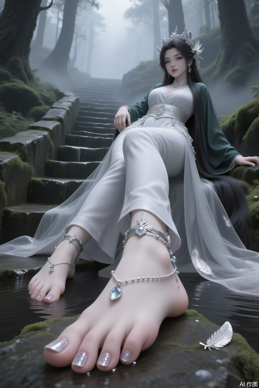 Main Character
 
- Appearance: Long, jet - black and shiny hair, adorned with exquisite hair ornaments. Beautiful - featured with three - dimensional facial features, phoenix - shaped eyes, slender willow - like eyebrows, and natural - toned lips.
- Clothing: Wears loose - fitting long pants paired with a white shirt, decorated with delicate small sequins.
- Accessories: Multiple layers of silver anklets on the ankles, with small diamonds and feather pendants. Toenails are painted with clear nail polish that has a shimmering effect.
- Pose: Leaning sideways on the stone steps, one leg is extended with the toes lightly touching the water below, while the other leg is bent and raised. One hand naturally rests on the stone steps, and the other hand is relaxed by the side of the body.
 
Environmental Atmosphere
 
- Scene: In a fog - shrouded forest, there are ancient moss - covered stone steps, surrounded by tall trees.
- Lighting: Soft natural light creates a hazy and serene atmosphere.