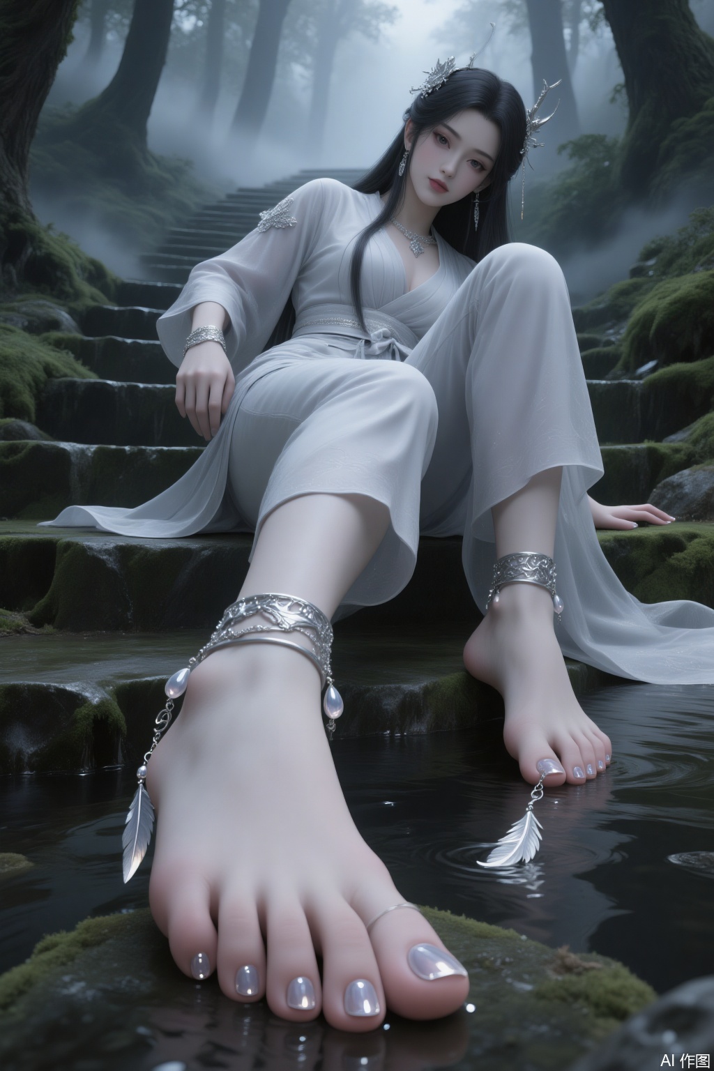 Main Character
 
- Appearance: Long, jet - black and shiny hair, adorned with exquisite hair ornaments. Beautiful - featured with three - dimensional facial features, phoenix - shaped eyes, slender willow - like eyebrows, and natural - toned lips.
- Clothing: Wears loose - fitting long pants paired with a white shirt, decorated with delicate small sequins.
- Accessories: Multiple layers of silver anklets on the ankles, with small diamonds and feather pendants. Toenails are painted with clear nail polish that has a shimmering effect.
- Pose: Leaning sideways on the stone steps, one leg is extended with the toes lightly touching the water below, while the other leg is bent and raised. One hand naturally rests on the stone steps, and the other hand is relaxed by the side of the body.
 
Environmental Atmosphere
 
- Scene: In a fog - shrouded forest, there are ancient moss - covered stone steps, surrounded by tall trees.
- Lighting: Soft natural light creates a hazy and serene atmosphere.
