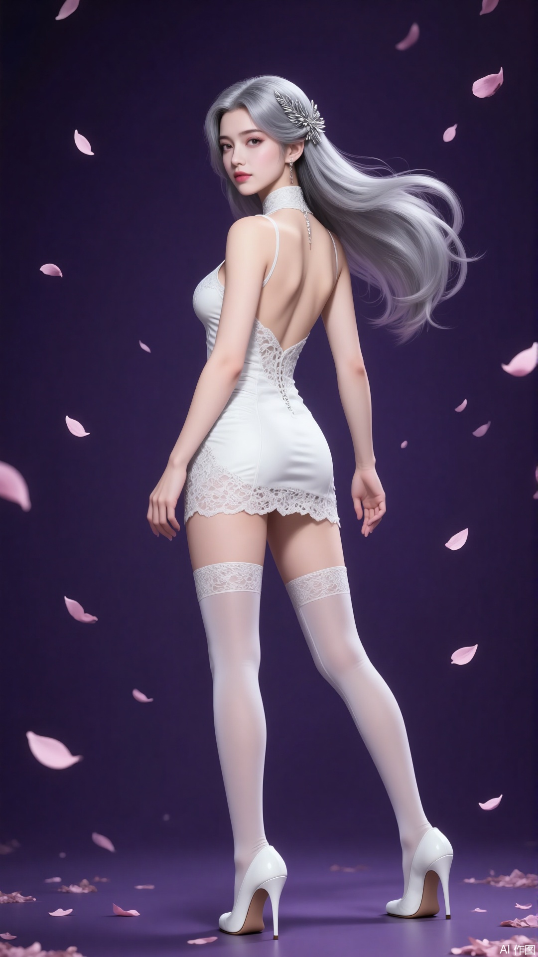 - Appearance: Long silver - gray hair with an exquisite hair accessory, delicate makeup, and simple earrings.
- Figure: Slender and with a graceful curve.
- Clothing: A white strappy short dress with a high collar, an open - back design, and lace - trimmed hem; paired with white lace thigh - high stockings and white stiletto - heeled high - heel shoes.
 
Scene Atmosphere
 
- Background: Deep purple background.
- Elements: Pink petals floating in the air, creating an elegant and romantic atmosphere.
