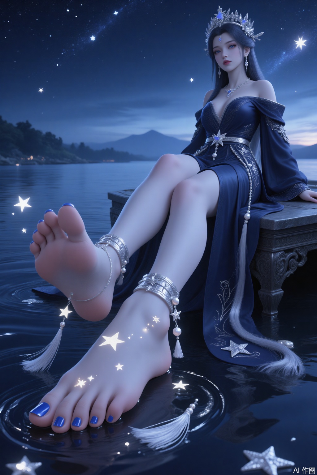Character Main Body
 
1. Appearance
 
- Hairstyle and Headwear: Long - haired, with star - shaped shiny head ornaments interspersed in the hair, adding a dreamy touch. This describes the hairstyle and the themed characteristic headwear.
- Facial Features: Exquisitely - featured face, with blue eyes, ethereal gaze, natural - colored lips, and fair skin that glows with a subtle sheen. This depicts the facial features and skin texture.
Stretch the feet towards the camera, presenting an elegant and slightly lazy posture.
 
Low - angle photography. Shot type: It belongs to a close - up shot. The camera position is a low - level upward - looking angle, shooting from bottom to top.
 
8K ultra - high definition. Each toe is distinct and naturally extended. Ultra - realistic style with clear details, highlighting foot details such as ankle bracelets and toe decorations.
 
2. Clothing
 
- Style and Color: Wearing a dark blue off - the - shoulder long dress, with the fabric of the dress having a star - twinkling effect. This clarifies the style, color, and fabric characteristics of the clothing.
- Decoration: The dress is decorated with silver star patterns of varying sizes, and there is a thin silver belt around the waist, adding a sense of delicacy. This points out the pattern decorations on the dress and the waist details.
 
3. Body Details
 
- Legs and Feet: The legs have a slender line. The toenails are painted blue with high gloss. Silver ankle bracelets are worn on the ankles, with star decorations, tassels, and pearl pendants. This describes in detail the legs, toenail polish, and the style of the ankle bracelets.
- Special Effects: There is a faint star - light effect on the instep, as if echoing the starry sky. This emphasizes the special light effect on the feet.
 
Background Environment
 
1. Scene
 
The character is sitting by the water. The water surface has slight ripples, reflecting the surrounding starlight, creating a serene and dreamy atmosphere. This determines the specific scene where the character is located and the water surface effect.
 
2. Sky
 
The night sky is dark blue, filled with twinkling stars. A few bright stars stand out, and there is a faint glow of dawn in the distance on the horizon. This depicts the color of the night sky, the distribution of stars, and the scene on the horizon.