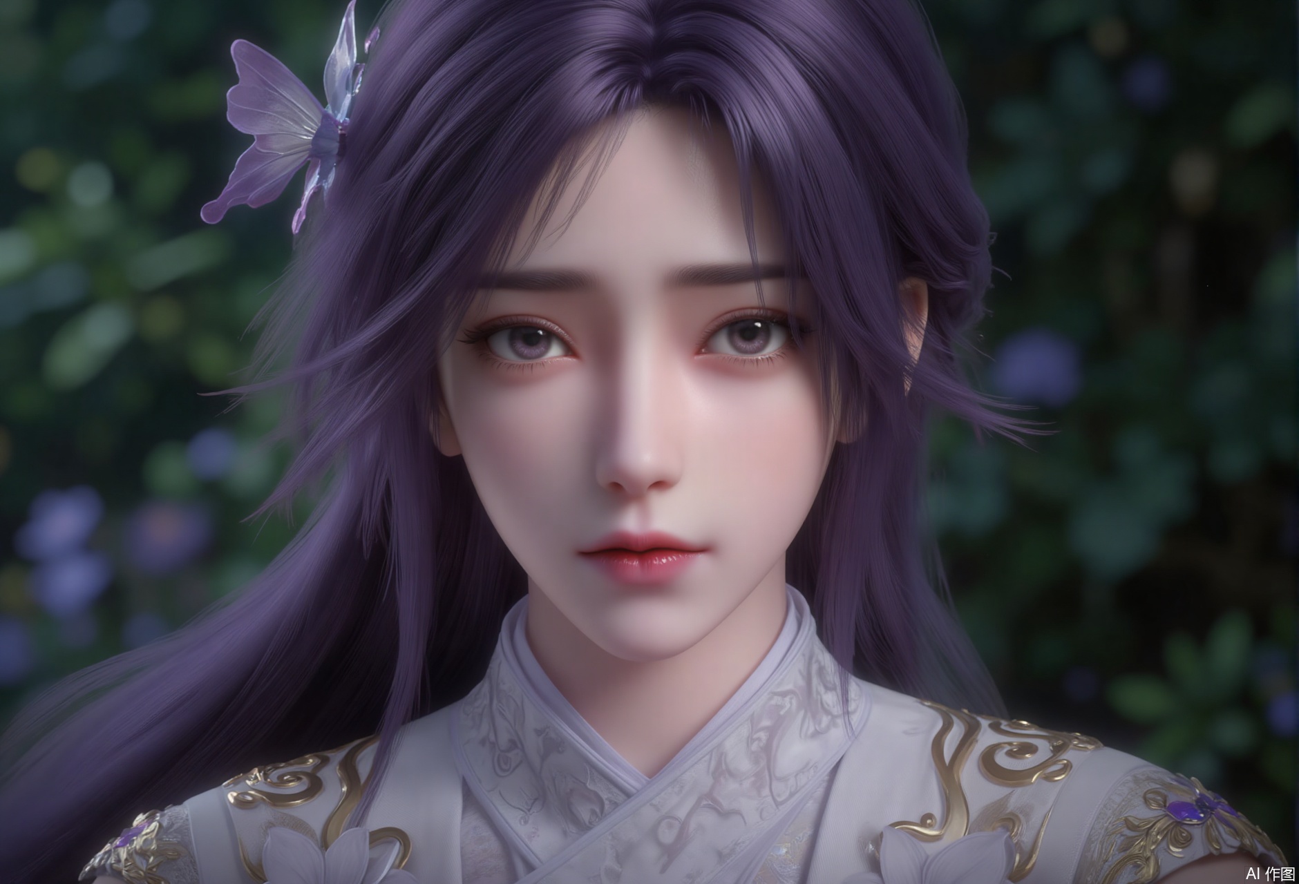 zichu-yryx, The image depicts a character with long, flowing purple hair adorned with a delicate butterfly accessory. The character is dressed in an intricate, white, and gold outfit with floral patterns, giving a regal and ethereal appearance. The background consists of a lush, green, and blurred natural setting, suggesting a serene and mystical environment. The character's expression is calm and contemplative, with a slight hint of melancholy in their eyes. 