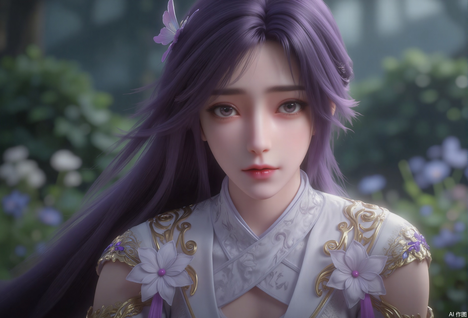 zichu-yryx, The image depicts a character with long, flowing purple hair adorned with a delicate butterfly accessory. The character is dressed in an intricate, white, and gold outfit with floral patterns, giving a regal and ethereal appearance. The background consists of a lush, green, and blurred natural setting, suggesting a serene and mystical environment. The character's expression is calm and contemplative, with a slight hint of melancholy in their eyes. 