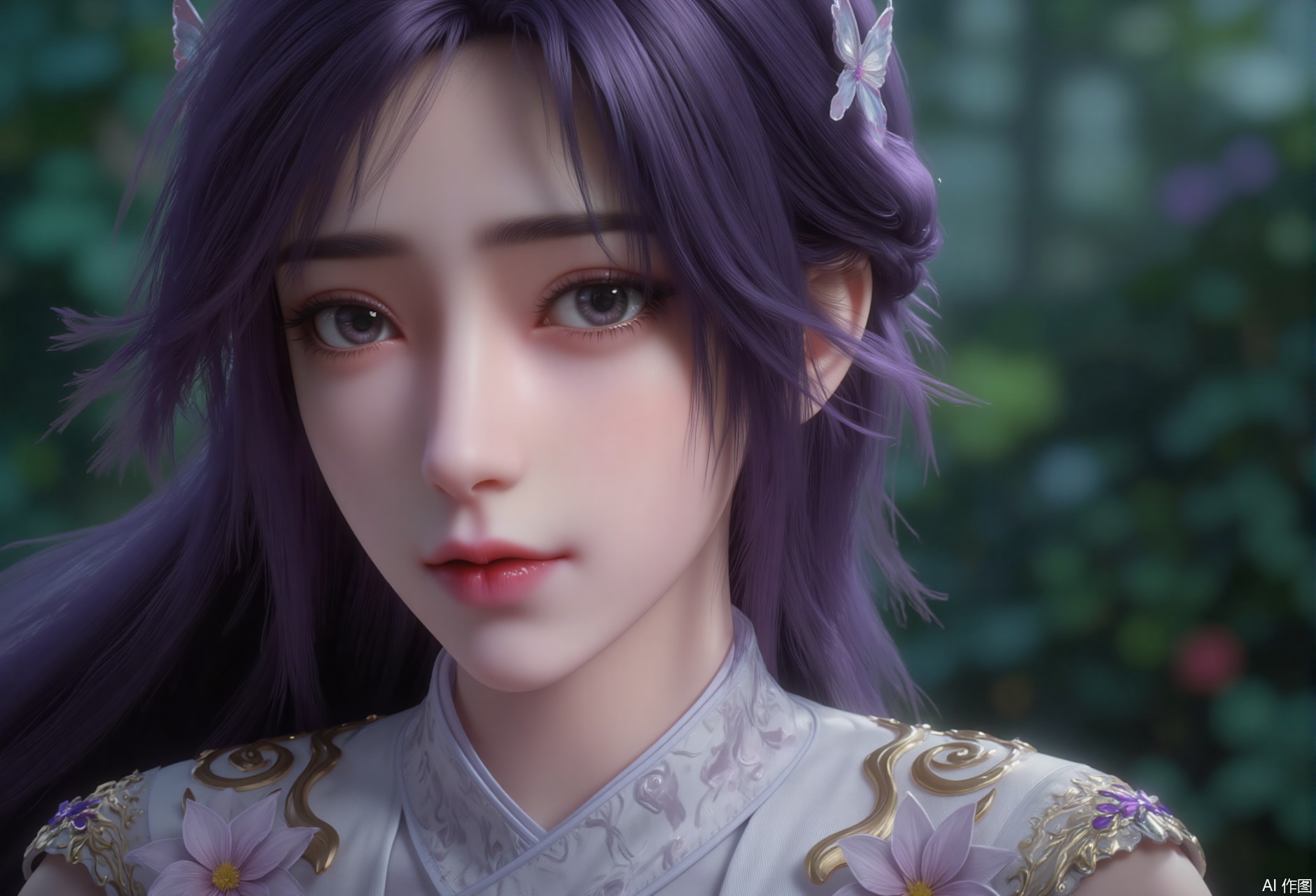 zichu-yryx, The image depicts a character with long, flowing purple hair adorned with a delicate butterfly accessory. The character is dressed in an intricate, white, and gold outfit with floral patterns, giving a regal and ethereal appearance. The background consists of a lush, green, and blurred natural setting, suggesting a serene and mystical environment. The character's expression is calm and contemplative, with a slight hint of melancholy in their eyes.