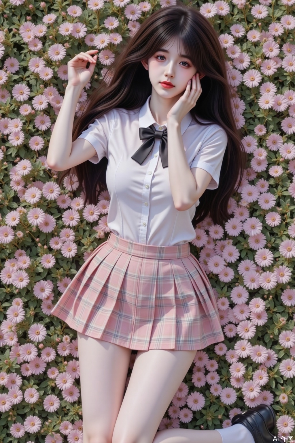 ultra-detailed realistic portrait of a solo 1girl lying in a sea of flowers. Full-body view from above showing long brown hair, huge breasts, and school uniform: collared white shirt with short sleeves, pink-and-white tartan pleated skirt, black bowtie. Wears white pantyhose with black loafers. One hand resting on face. Outdoor photo background with clear shoe details. Hyper-realistic texture and lighting