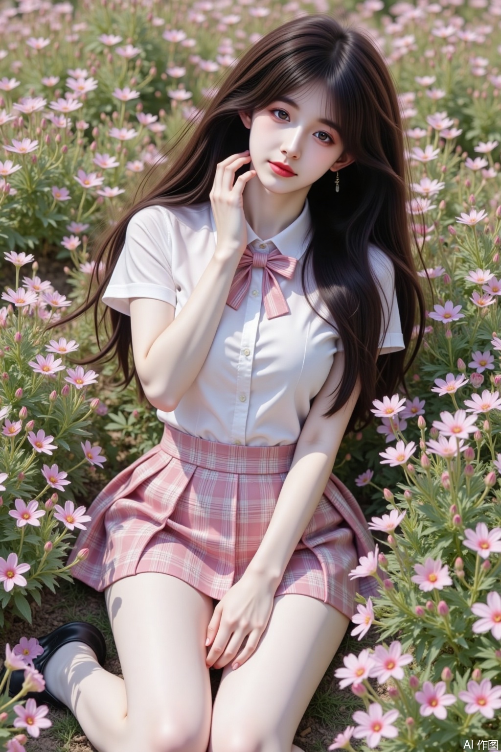 Ultra-detailed realistic portrait of a solo 1girl lying on stomach in a sea of flowers. Full-body view from top perspective. Long brown hair cascades down back. Wears collared white short-sleeved school shirt with bowtie. Pink and white tartan pleated skirt reveals white pantyhose-clad legs bent naturally at knees. Black loafers complete school uniform. Character places hand gently on cheek. Vibrant floral field background under clear sky. Sharp photographic focus with natural outdoor lighting. Massive breast proportions emphasized without exaggeration.