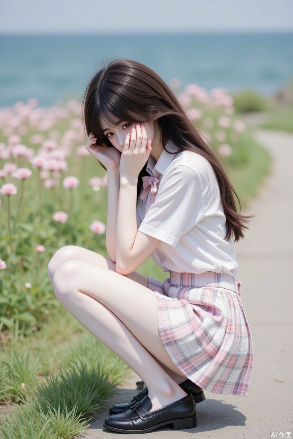 1girl, solo, long hair,huge breast, skirt, brown hair,Collared white shirt, short sleeves, school uniform,bowtie, full body, pleated skirt,white and pink tartan, outdoors, shoes, day, white thighhighs, black footwear, from side, Sea of flowers, profile, squatting, loafers, hand on own face, head rest, realistic, photo background,juru2
