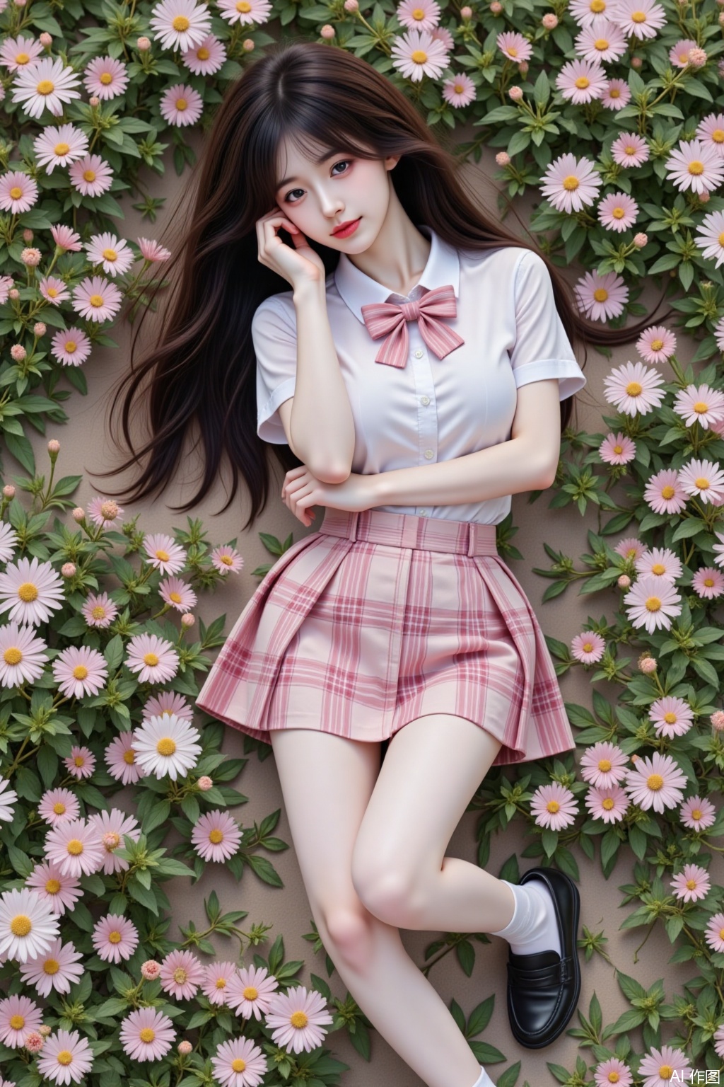 Ultra-detailed realistic portrait of 1girl lying sideways in a sea of flowers.Full-body view from top angle.Long brown hair flows naturally. Huge breast visible under collared white shirt with short sleeves. School uniform includes pink-and-white tartan pleated skirt and black loafers. White pantyhose contrasts with black footwear. Right hand gently rests on cheek. Legs bent in natural relaxed position. Outdoor daylight illuminates crisp bowtie details.Photorealistic texture with sharp focus on fabric folds and floral background.