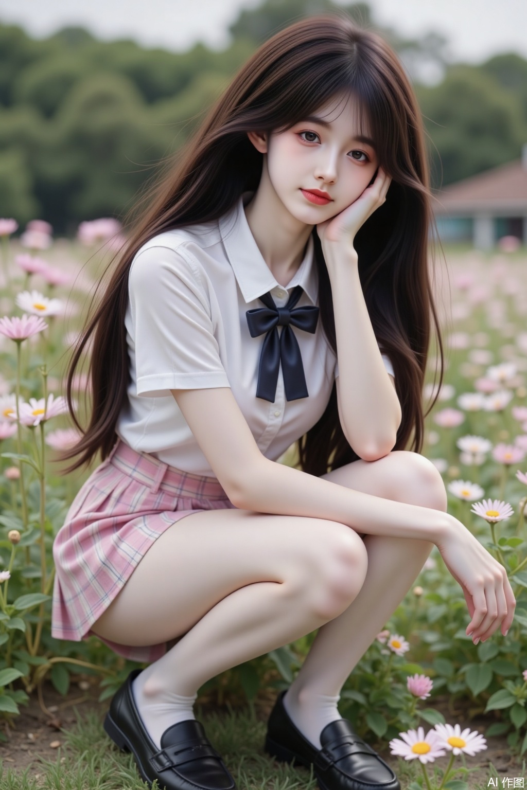 Ultra-detailed full-body portrait of 1 solo girl. Realistic photo style. Brown long hair. School uniform: collared white shirt with short sleeves, pink and white tartan pleated skirt, black bowtie. White thigh-high socks. Black loafers. Huge breasts visible. Side profile view. Squatting position in sea of flowers. One hand resting on cheek, head slightly tilted. Daytime outdoor setting. Clear background details. Natural lighting. Hyper-detailed textures.