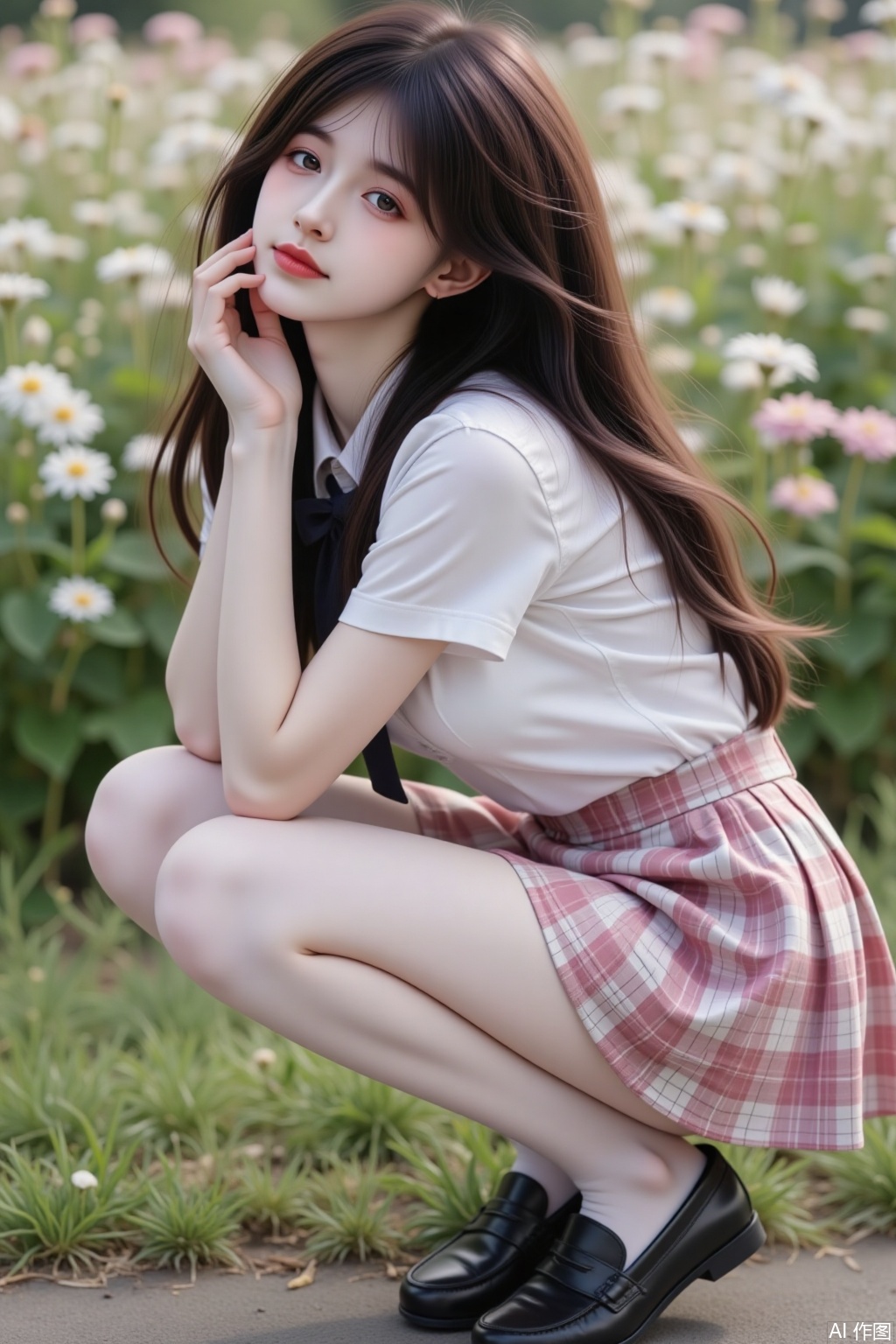 Ultra-detailed full-body portrait of 1 solo girl. Realistic photo style. Brown long hair. School uniform: collared white shirt with short sleeves, pink and white tartan pleated skirt, black bowtie. White pantyhose .Black loafers. Huge breasts visible. Side profile view. Squatting position in sea of flowers. One hand resting on cheek, head slightly tilted. Daytime outdoor setting. Clear background details. Natural lighting. Hyper-detailed textures.