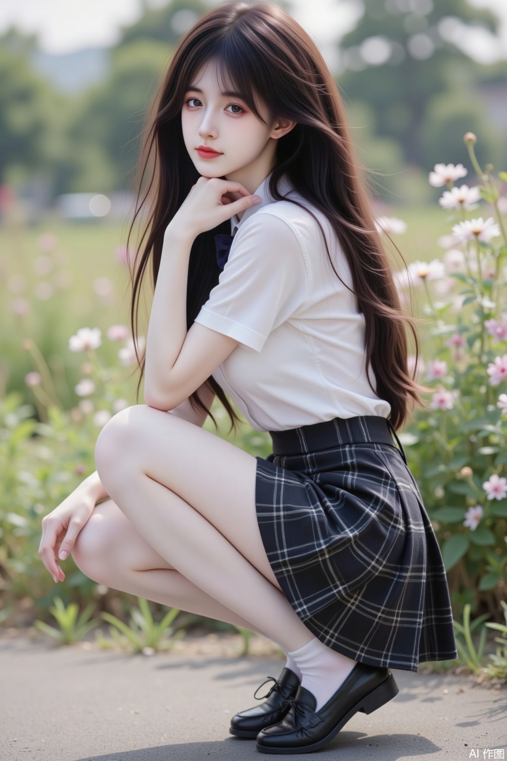 1girl, solo, long hair,huge breast, skirt, brown hair,Collared white shirt, short sleeves, school uniform,bowtie, full body, pleated skirt,black tartan, outdoors, shoes, day, white thighhighs, black footwear, from side, Sea of flowers, profile, squatting, white socks, loafers, hand on own face, pleated skirt, head rest, realistic, photo background

