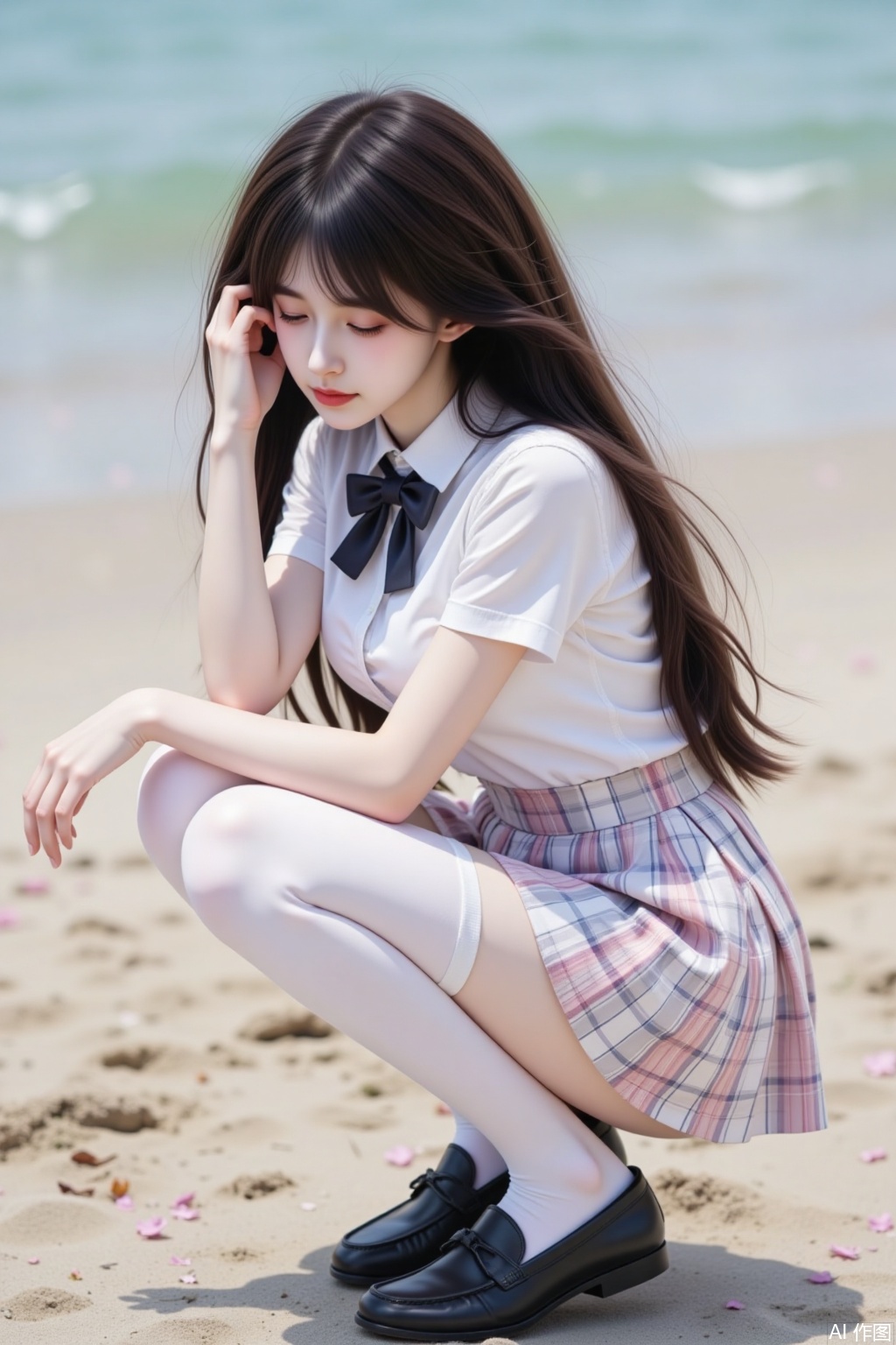 1girl, solo, long hair,huge breast, skirt, brown hair,Collared white shirt, short sleeves, school uniform,bowtie, full body, pleated skirt,white and pink tartan, outdoors, shoes, day, white thighhighs, black footwear, from side, Sea of flowers, profile, squatting, loafers, hand on own face, head rest, realistic, photo background,juru2
