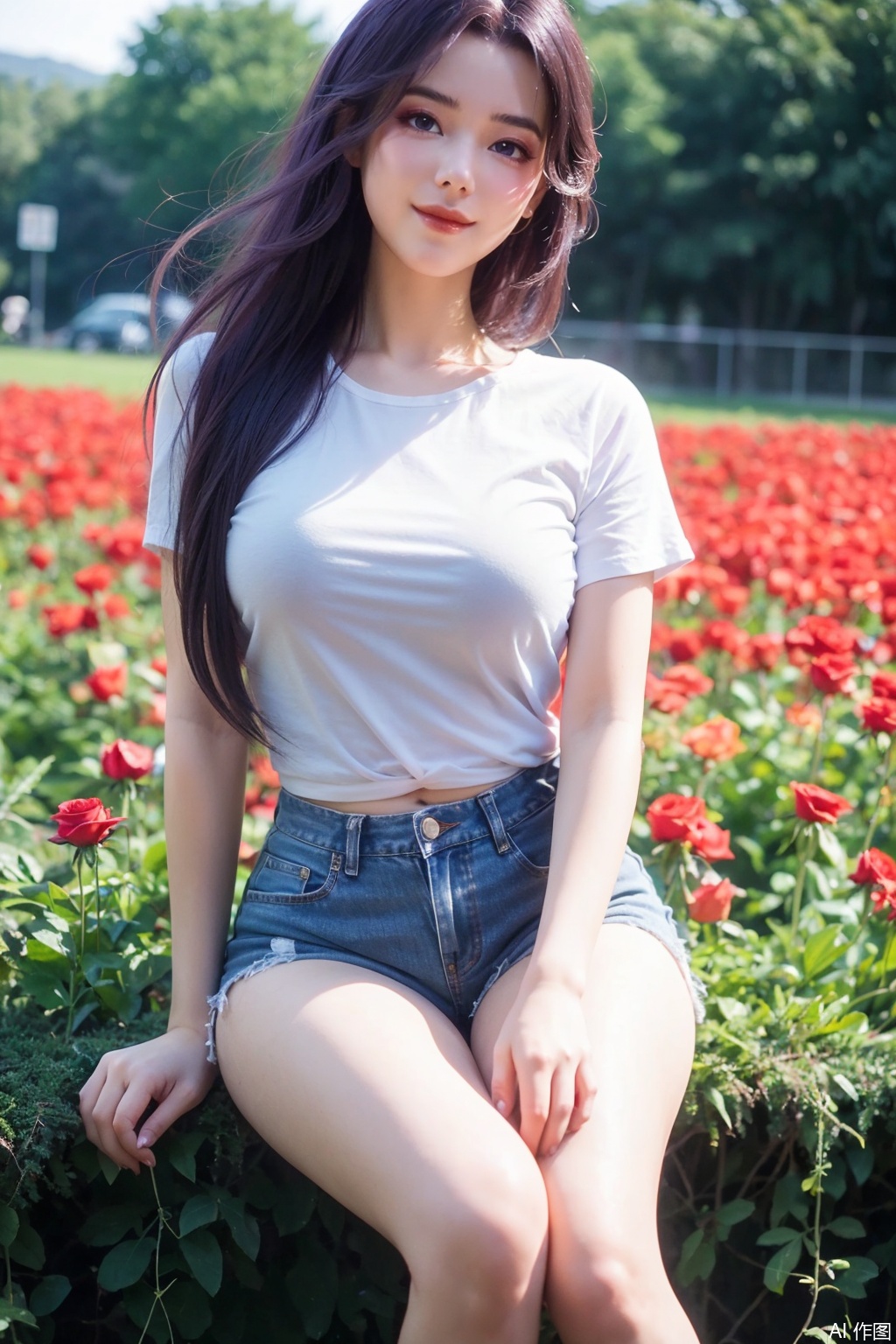 (Best Quality, Masterpiece: 1.2),
1women,myyunxiao,purple eyes,purple hair,long hair,looking at viewer,Rose Field,rose,

makeup,shiny,dream,gentle smile,

She is dressed in a white short - sleeved top,,With long legs,captivating, ,denim shorts,8K resolution,

