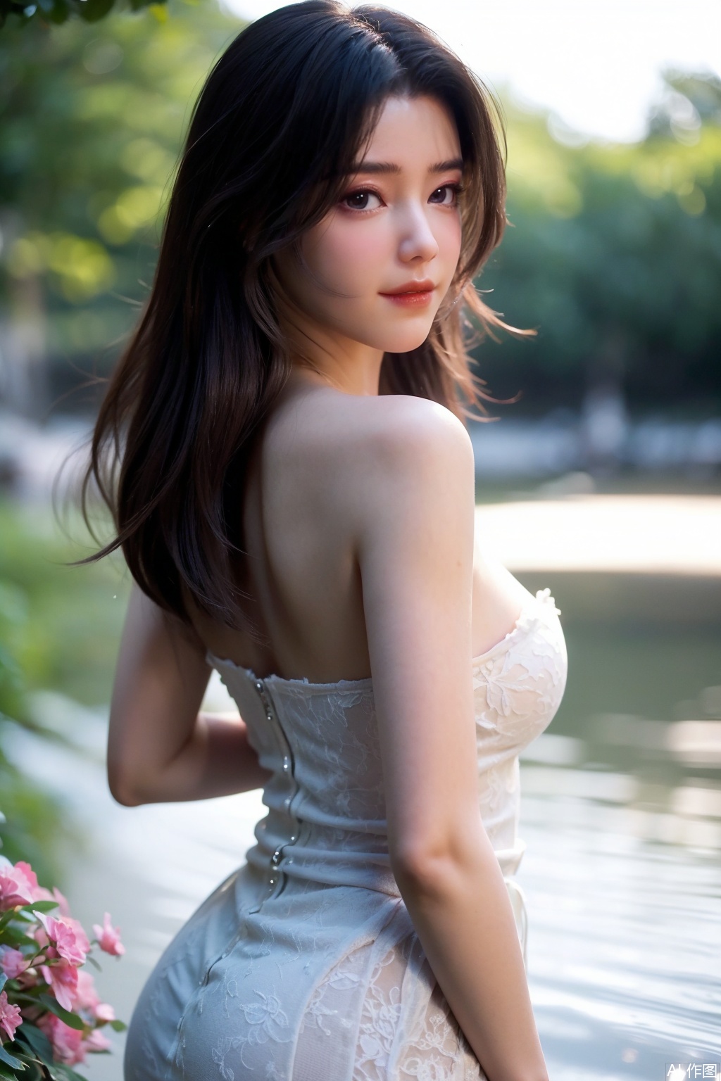 Capture a photorealistic (8K UHD) moment of a stunning oneesan, alone in a stunning red lace dress with a strapless design, bare shoulders, and visible cleavage, looking directly at the viewer with alluring dark eyes. Her long black hair cascaded down her back, like a waterfall at night. She is surrounded by a sea of ​​vibrant flowers, illuminated by soft, dreamy lights that cast harsh shadows. With her delicate features, hourglass figure, and sparkling jewels (diamonds) adorning her, she exudes enchantment in this ethereal setting with a happy expression.,Shallow Depth of Field