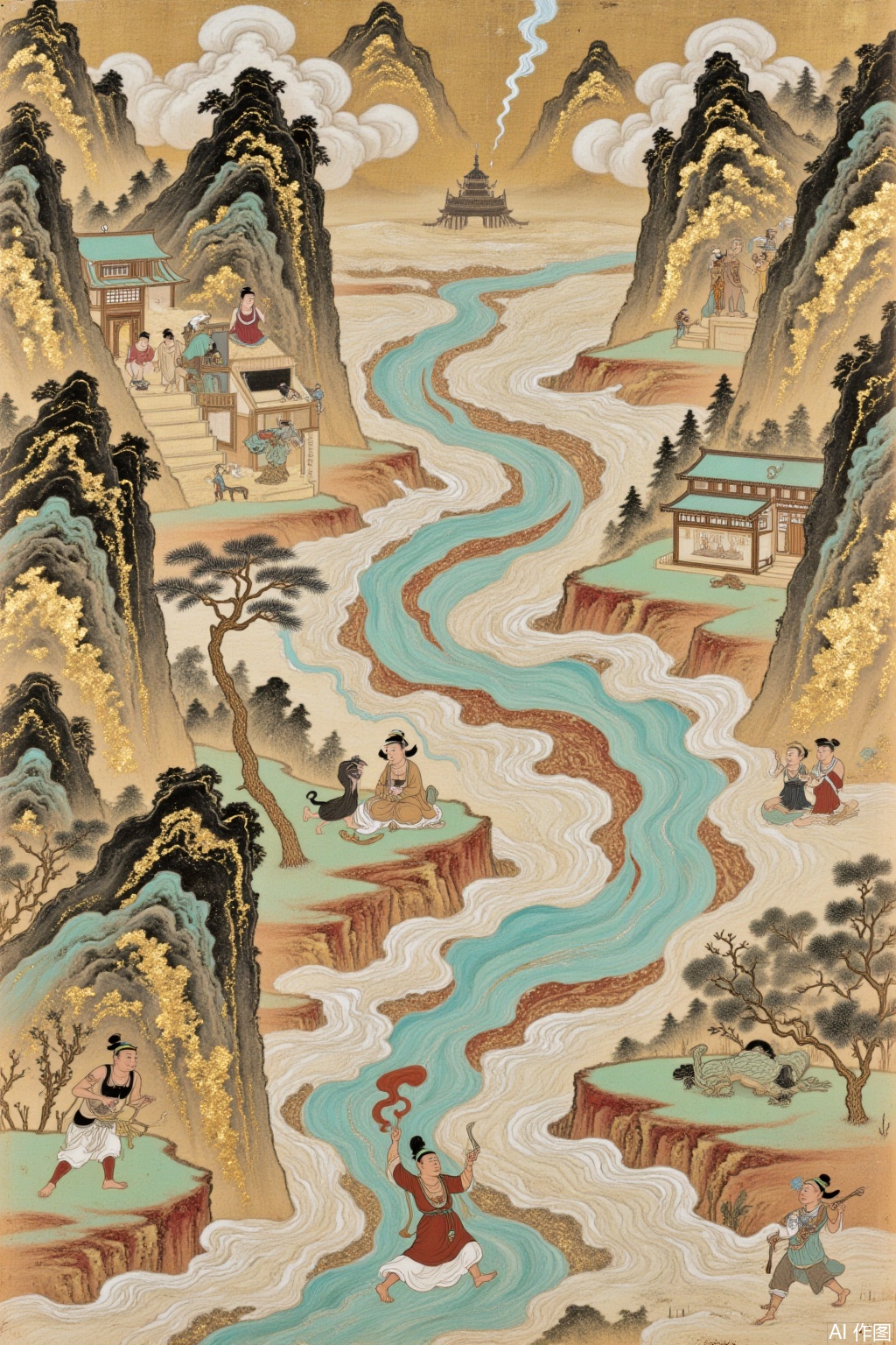 Dunhuang murals style mixed with gold foil mixed color rock color style, Dunhuang fairy flying to the sky picture,jbss,dhbh