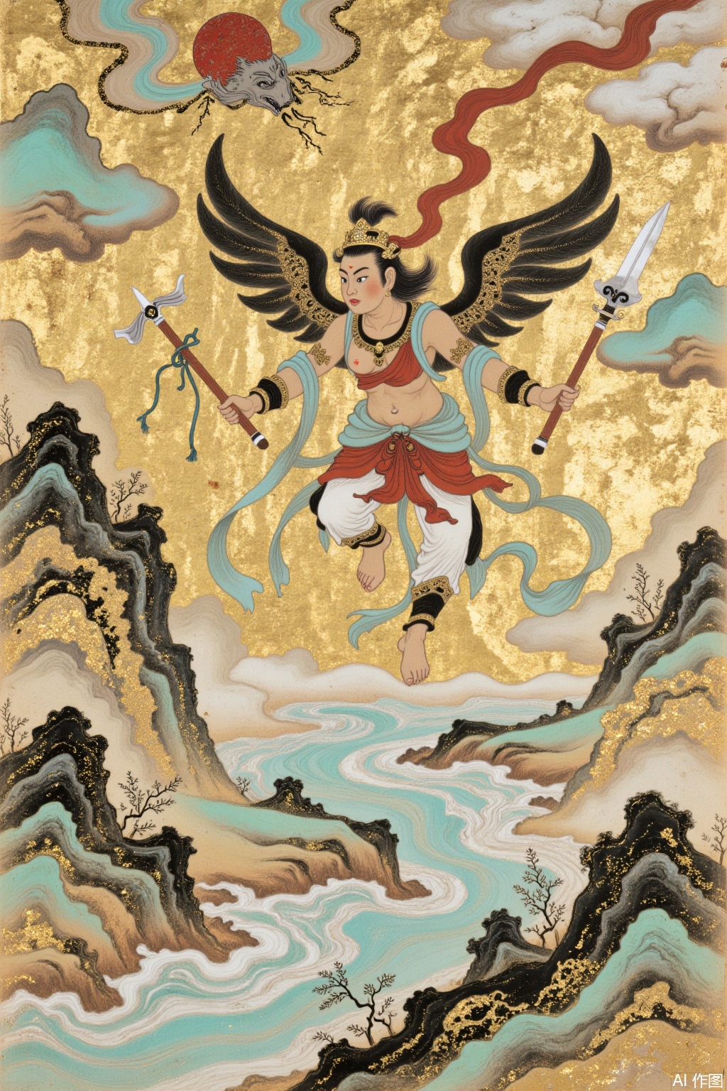 Dunhuang murals style mixed with gold foil mixed color rock color style,  Dunhuang fairy flying to the sky picture,  jbss...