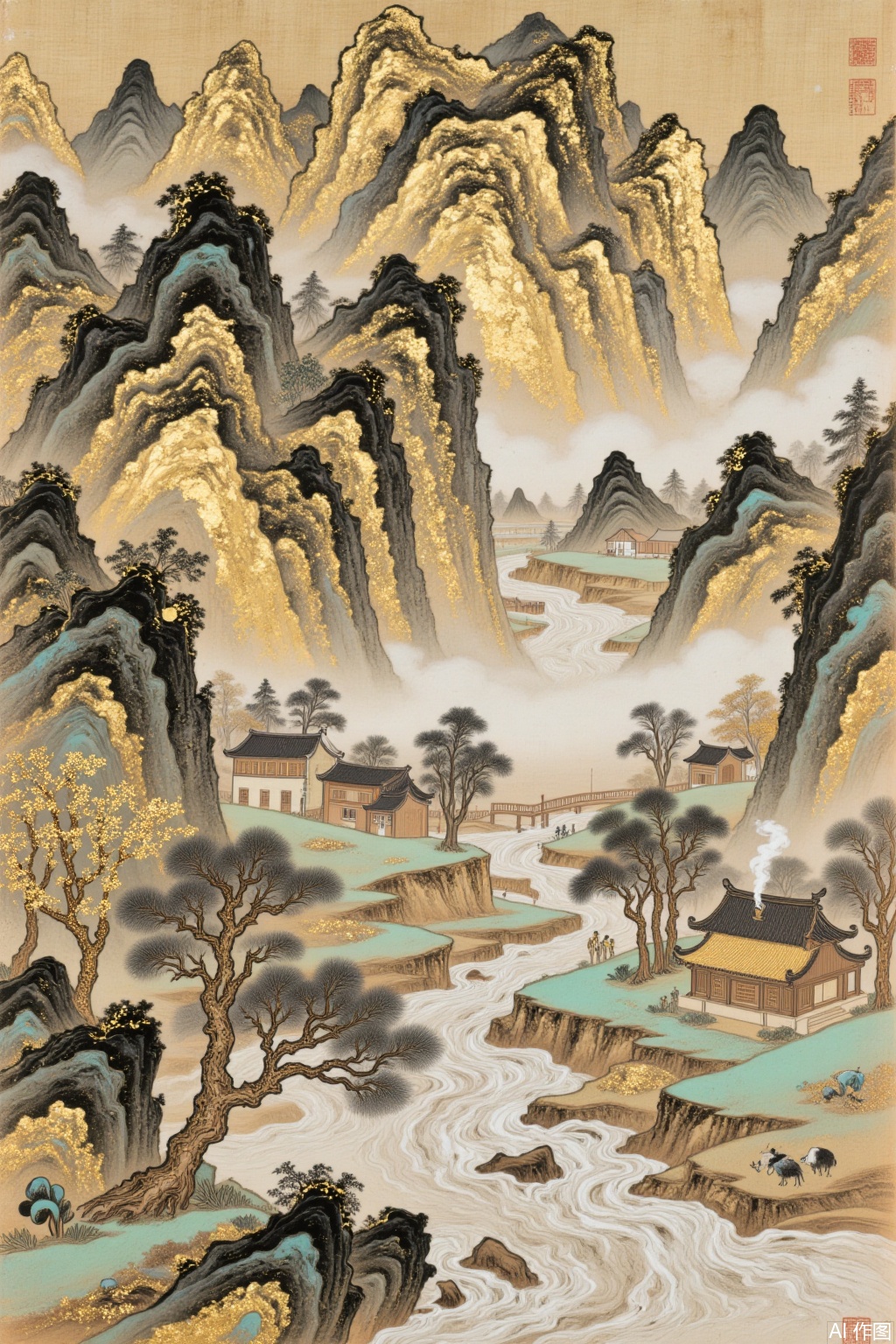 Dunhuang mural style, gold foil mixed rock color landscape composition, Dunhuang fairy flying sky map, strange peaks staggered layered rock surfaces covered with gold foil texture, ink-soaked streams reflect the luster of mineral pigments, vigorous ancient wood branches inlaid with broken gold texture, terraced fields in the mist are embellished with gold sand particles, cattle and sheep village eaves are glowing with light gold halo, Tang Dynasty landscape skeletons integrate rock color stacking techniques, silk base presents the texture of mineral crystals and gold foil overlapping, metal oxide smudge layer interspersed with virtual and real space,jbss,,dhbh