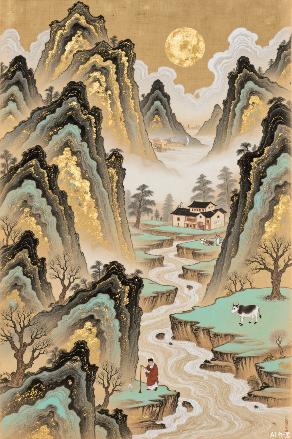 Dunhuang mural style, gold foil mixed rock color landscape composition, Dunhuang fairy flying sky map, strange peaks staggered layered rock surfaces covered with gold foil texture, ink-soaked streams reflect the luster of mineral pigments, vigorous ancient wood branches inlaid with broken gold texture, terraced fields in the mist are embellished with gold sand particles, cattle and sheep village eaves are glowing with light gold halo, Tang Dynasty landscape skeletons integrate rock color stacking techniques, silk base presents the texture of mineral crystals and gold foil overlapping, metal oxide smudge layer interspersed with virtual and real space,jbss,,dhbh