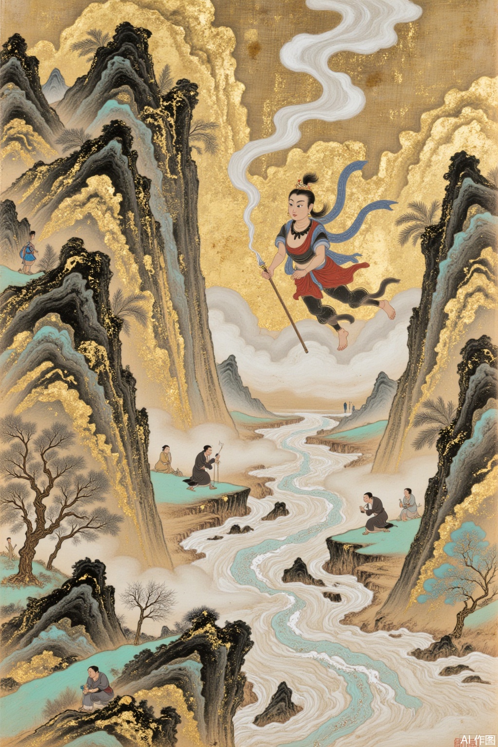 Dunhuang murals style mixed with gold foil mixed color rock color style, Dunhuang fairy flying to the sky picture,