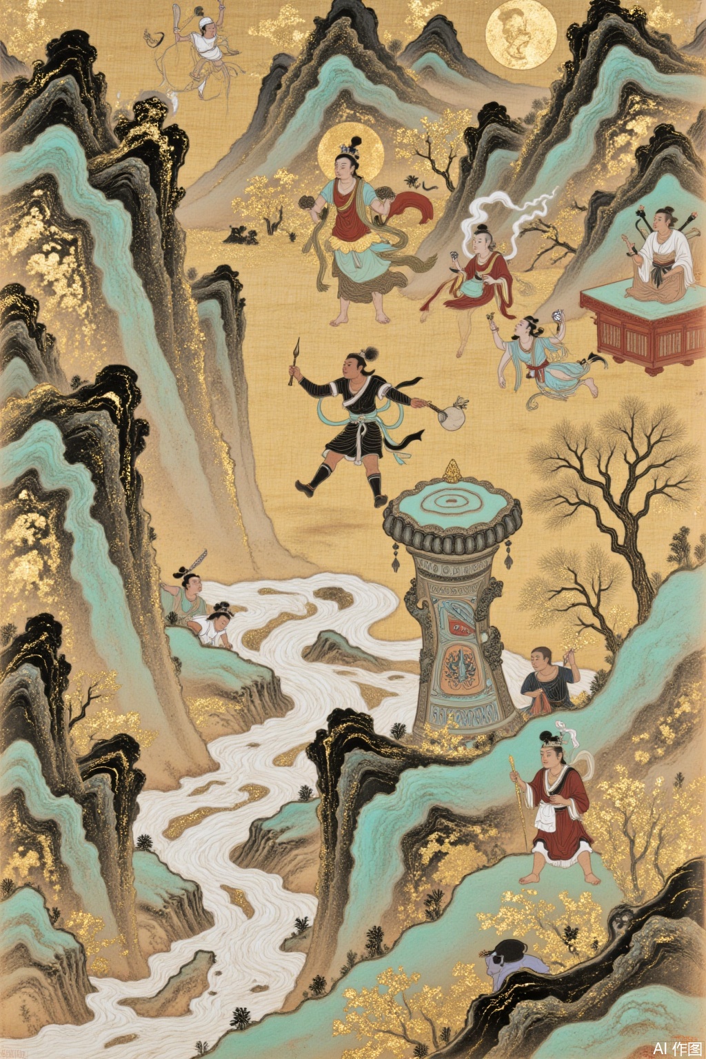 Dunhuang murals style mixed with gold foil mixed color rock color style, Dunhuang fairy flying to the sky picture,jbss,dhbh