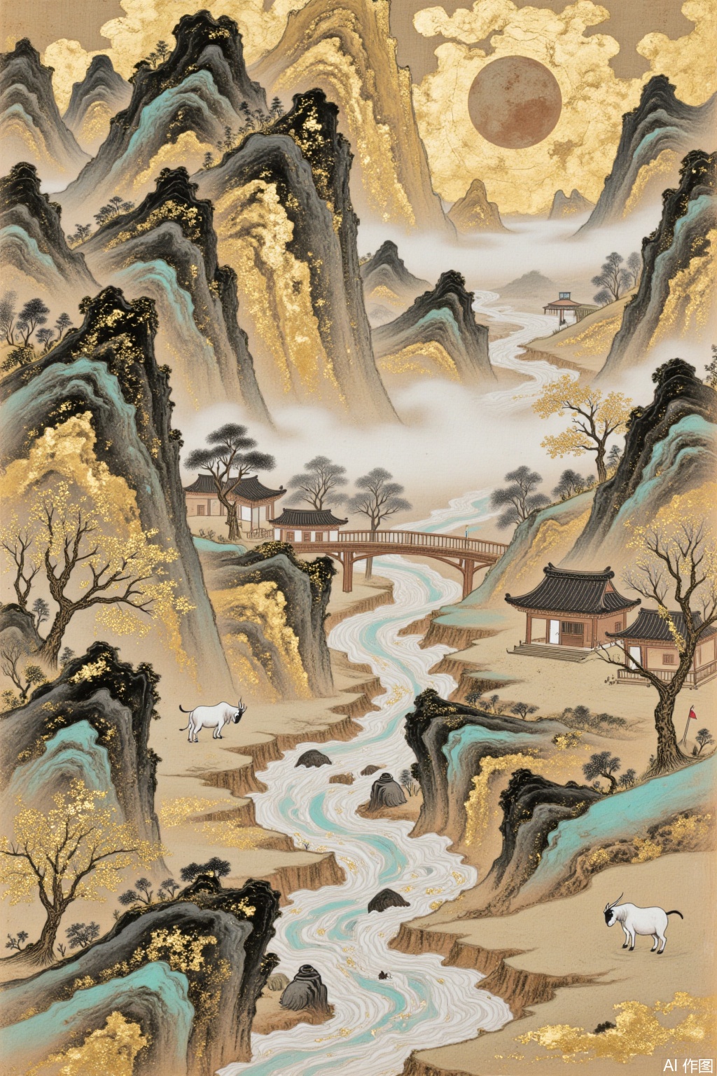 Dunhuang mural style, gold foil mixed rock color landscape composition, Dunhuang fairy flying sky map, strange peaks staggered layered rock surfaces covered with gold foil texture, ink-soaked streams reflect the luster of mineral pigments, vigorous ancient wood branches inlaid with broken gold texture, terraced fields in the mist are embellished with gold sand particles, cattle and sheep village eaves are glowing with light gold halo, Tang Dynasty landscape skeletons integrate rock color stacking techniques, silk base presents the texture of mineral crystals and gold foil overlapping, metal oxide smudge layer interspersed with virtual and real space,jbss,,dhbh