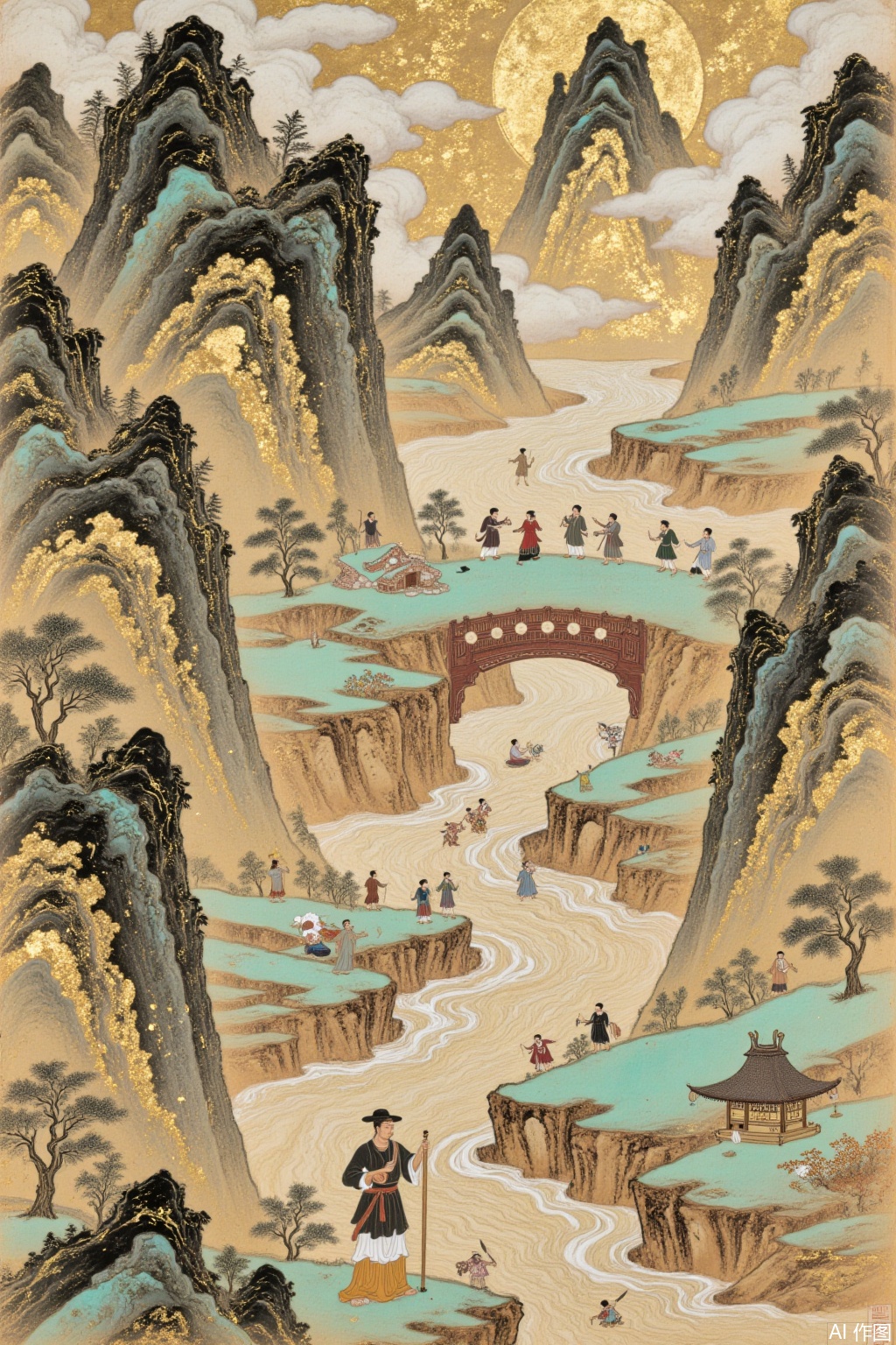 Dunhuang murals style mixed with gold foil mixed color rock color style, Dunhuang fairy flying to the sky picture,jbss,dhbh