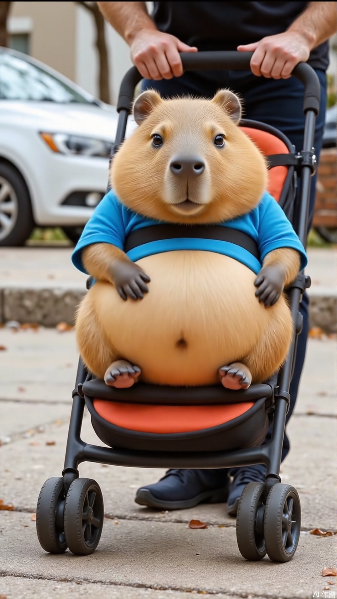 cute pet,A Capibala sits in a stroller and is pushed along the sidewalk.